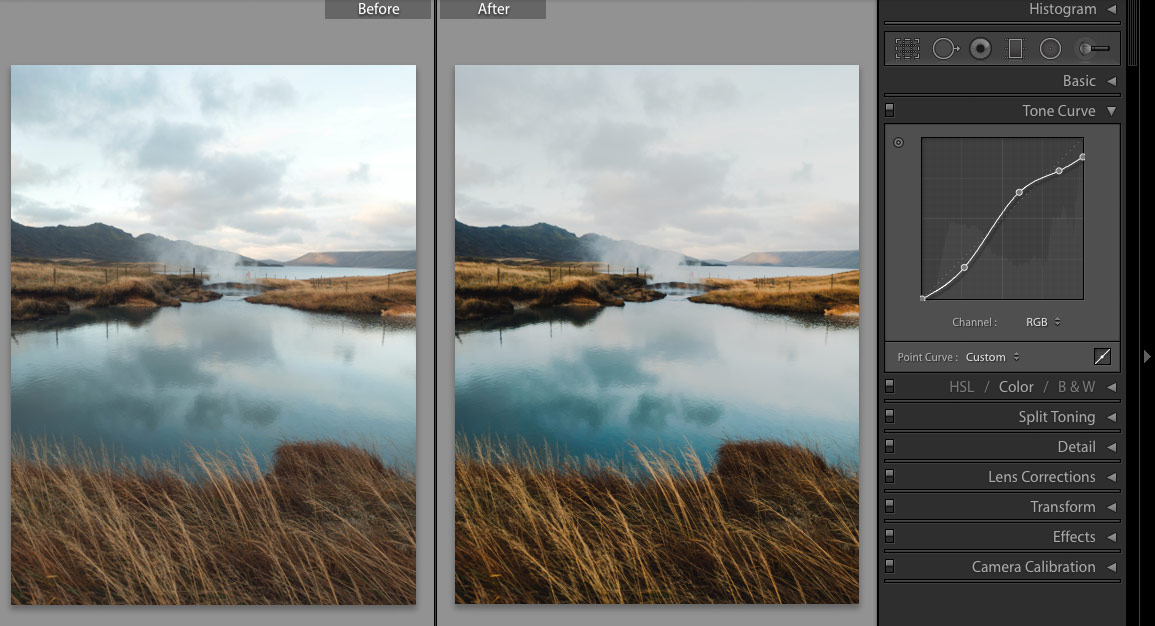 Tone curve in Adobe Lightroom for a moody landscape image