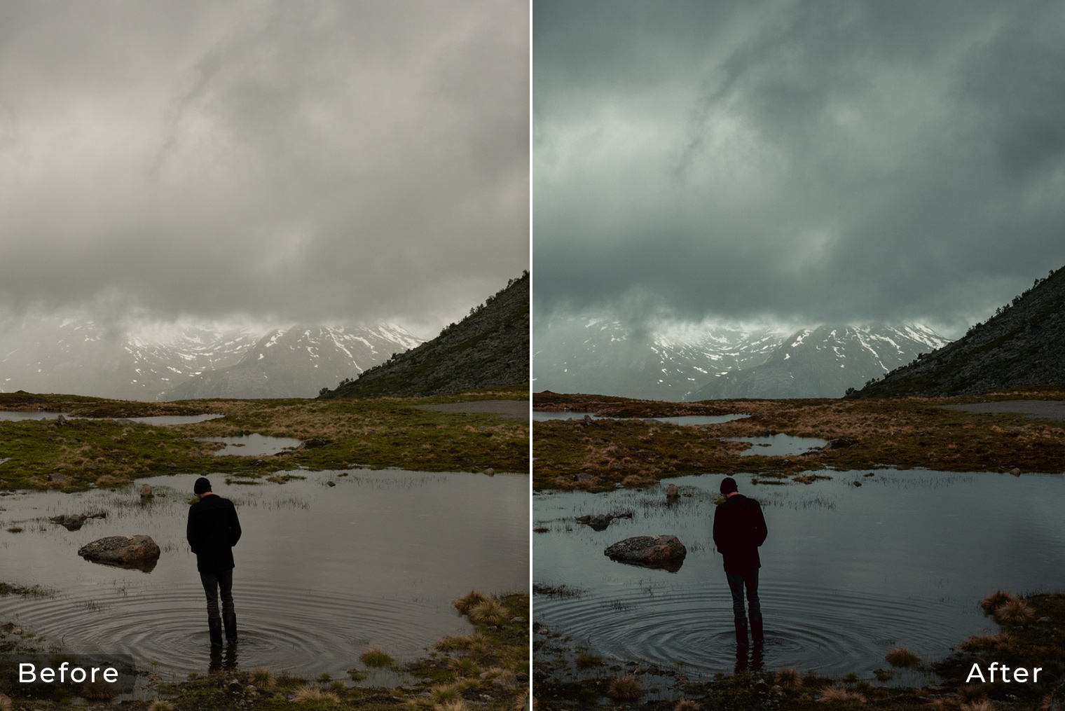 Before & After - Autumn Landscape with lake and dark clouds