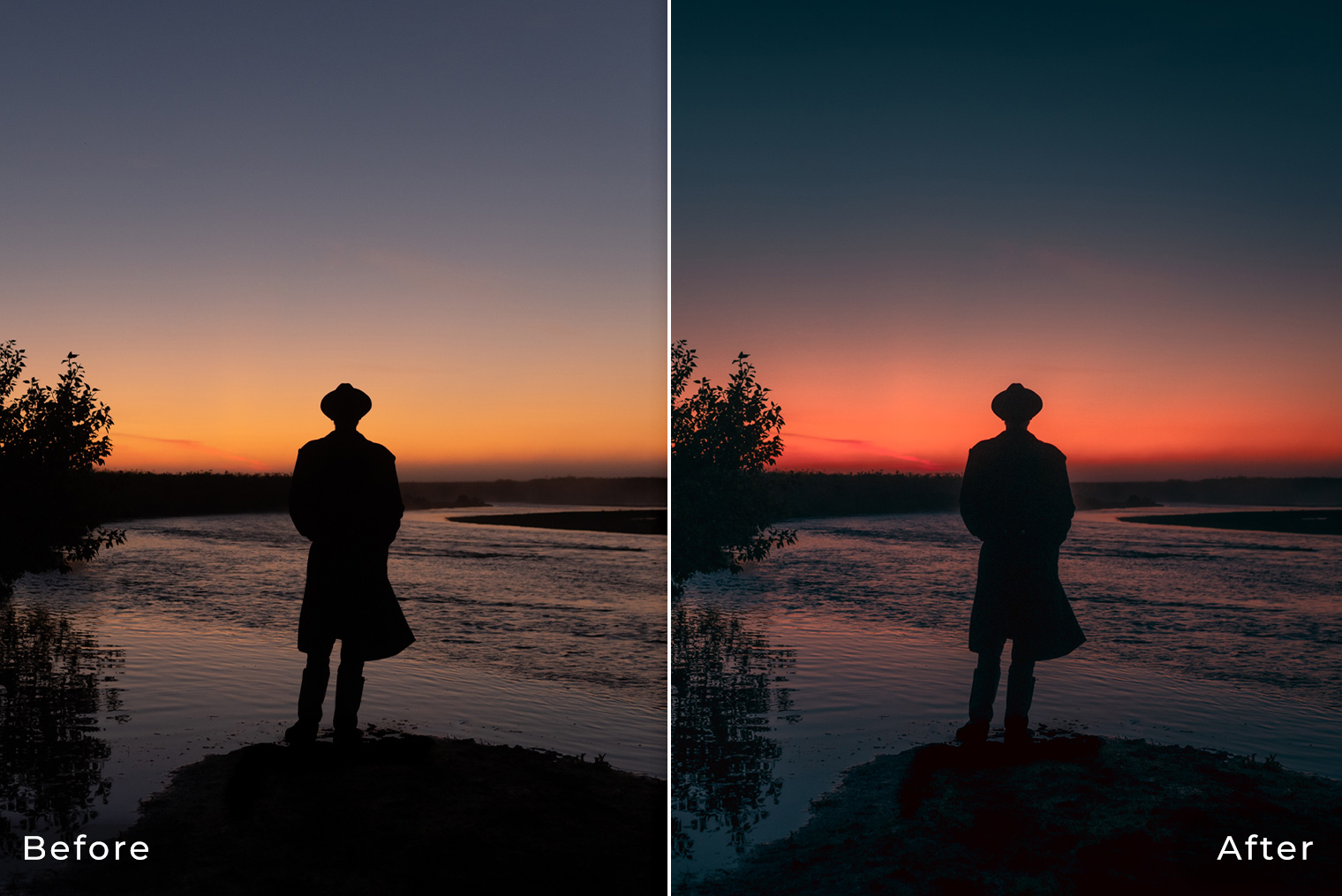 Before & After - Sunset over river landscape