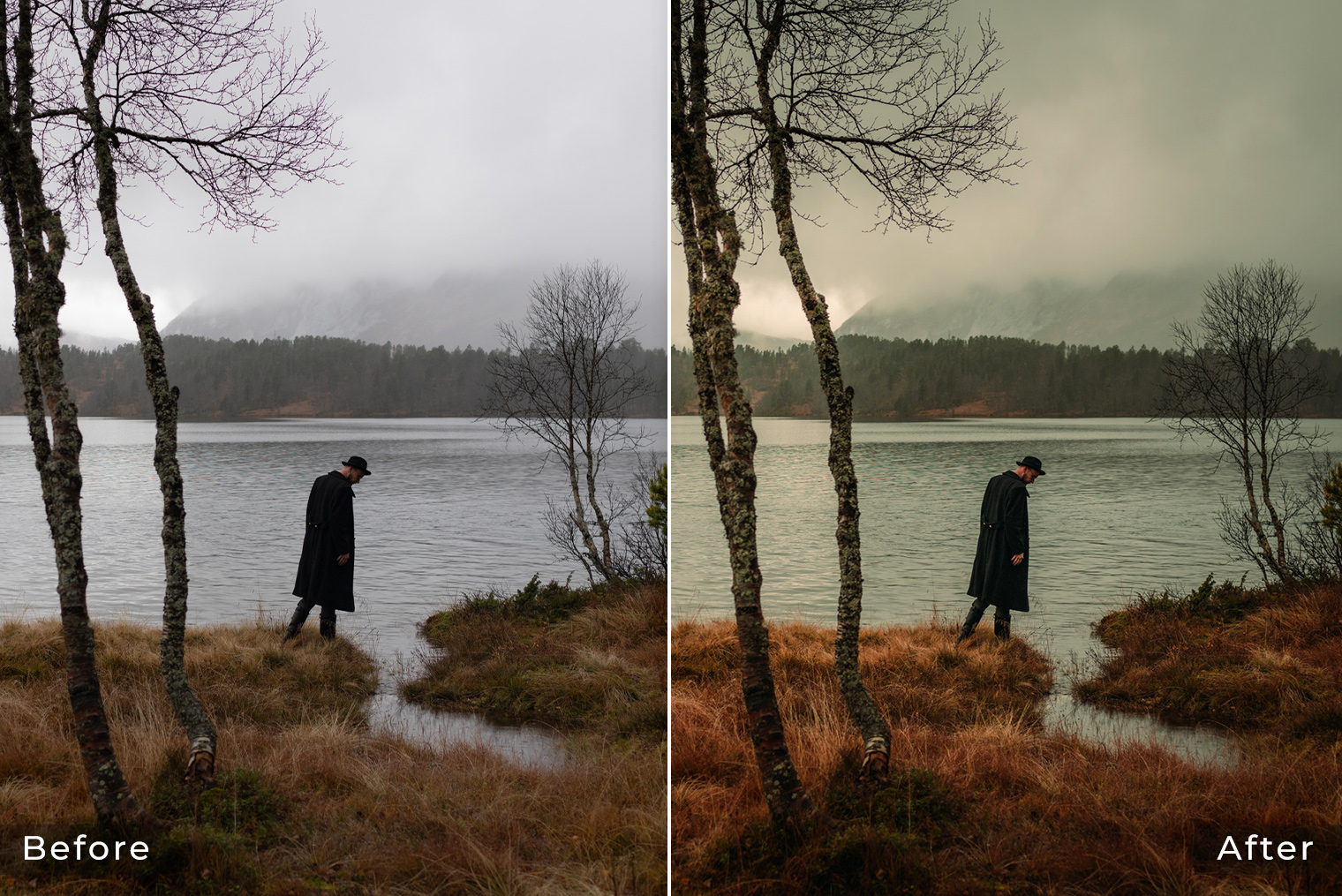 Before & After - Lake landscape of Norway in autumn colors