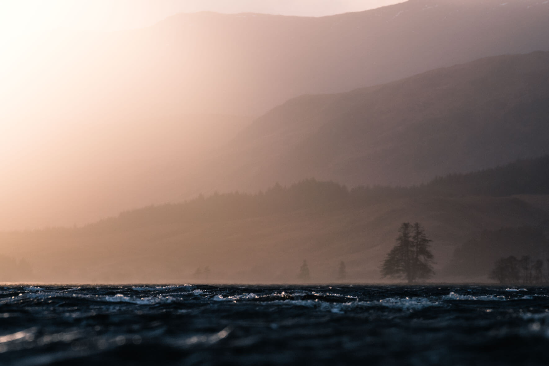 Bright evening light over Loch Tulla in Scotland