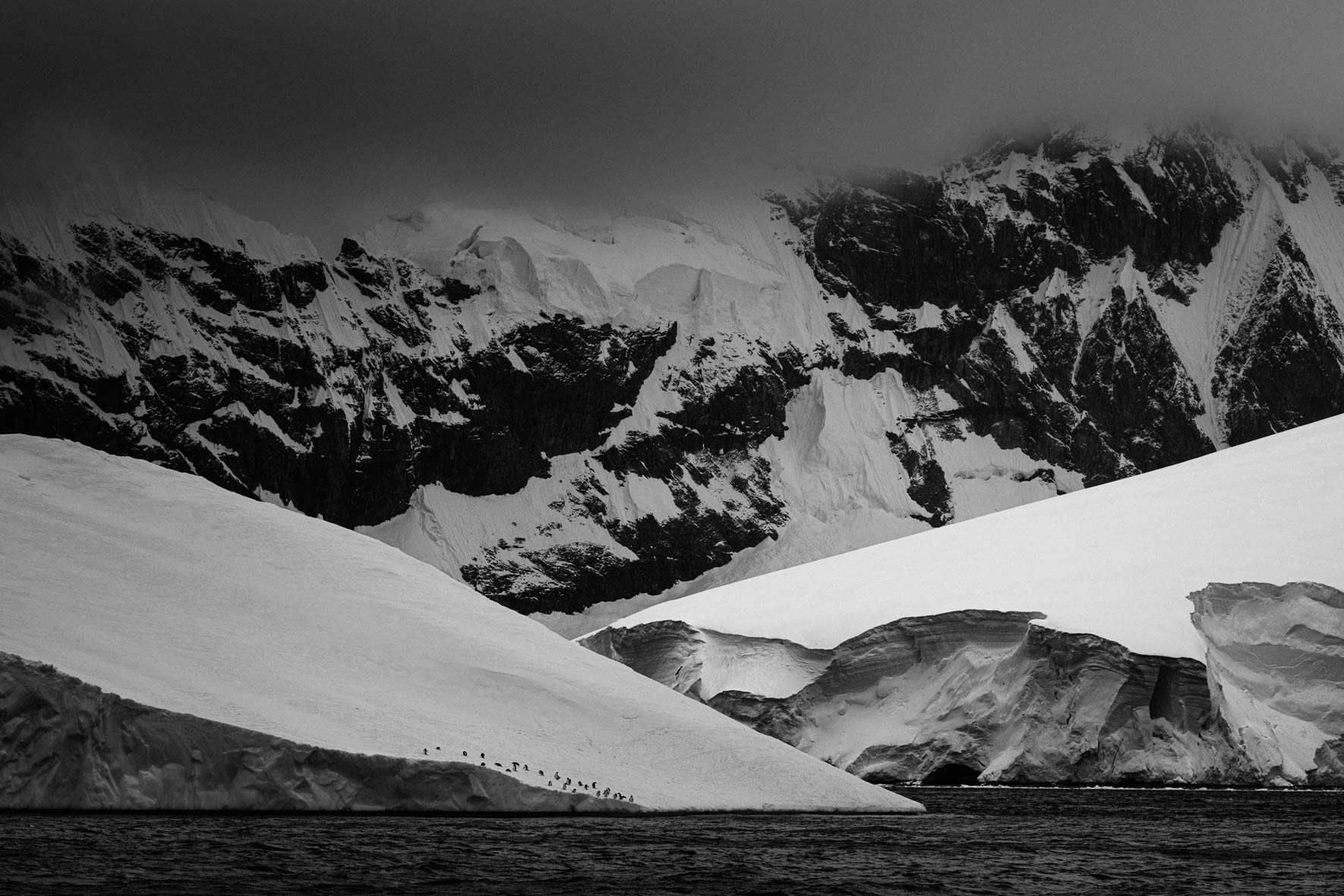 Black and white photo of glacier, mountain and penguin colony