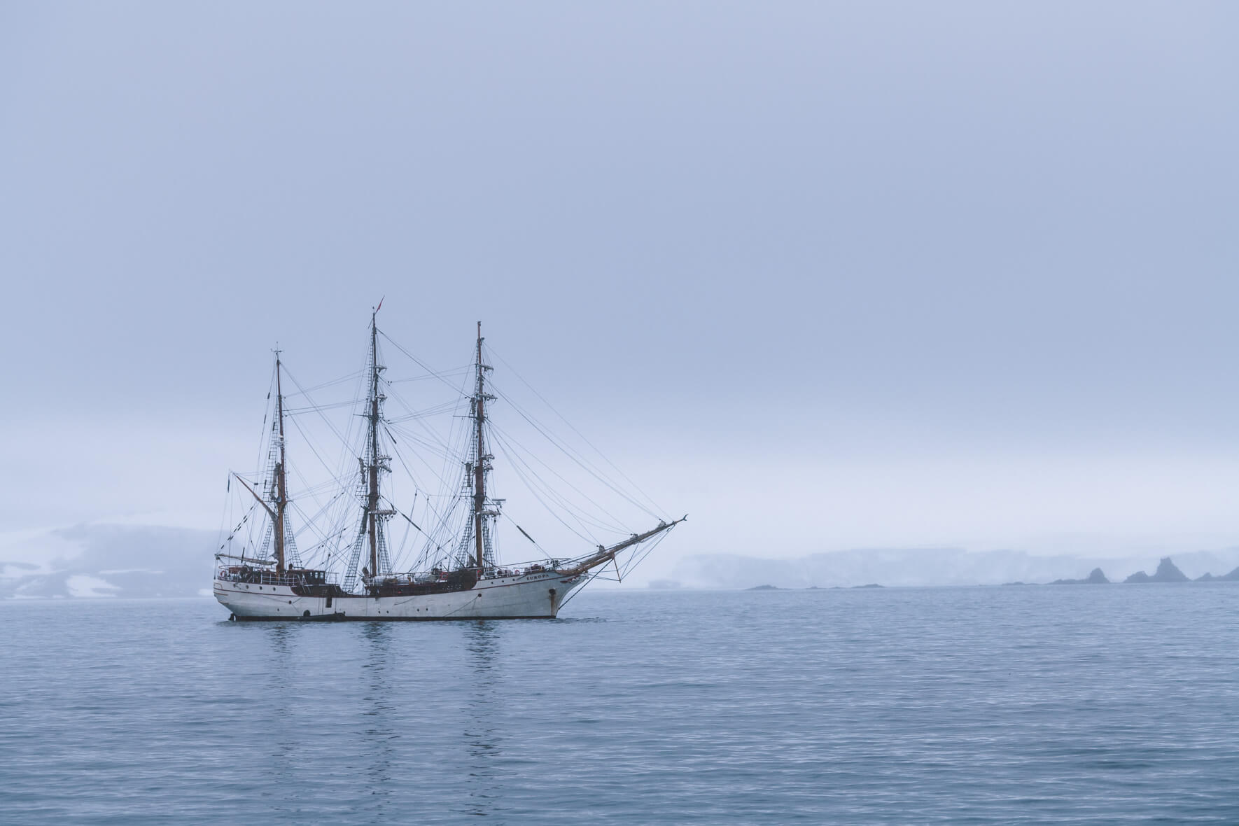 Bark Europa on a foggy day in Antarctica