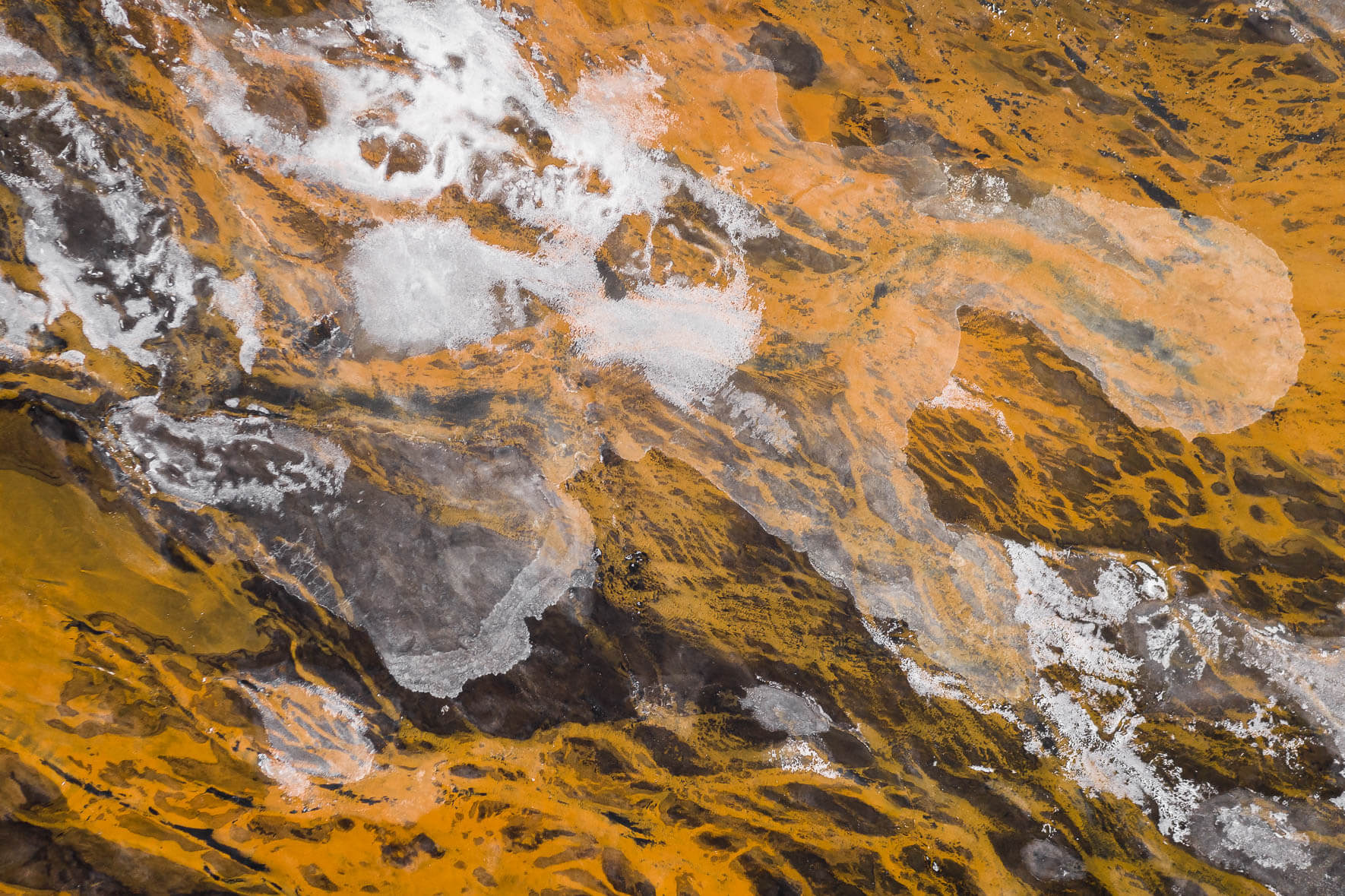 Aerial Winter Landscape of Iceland with Black Sand and Orange River