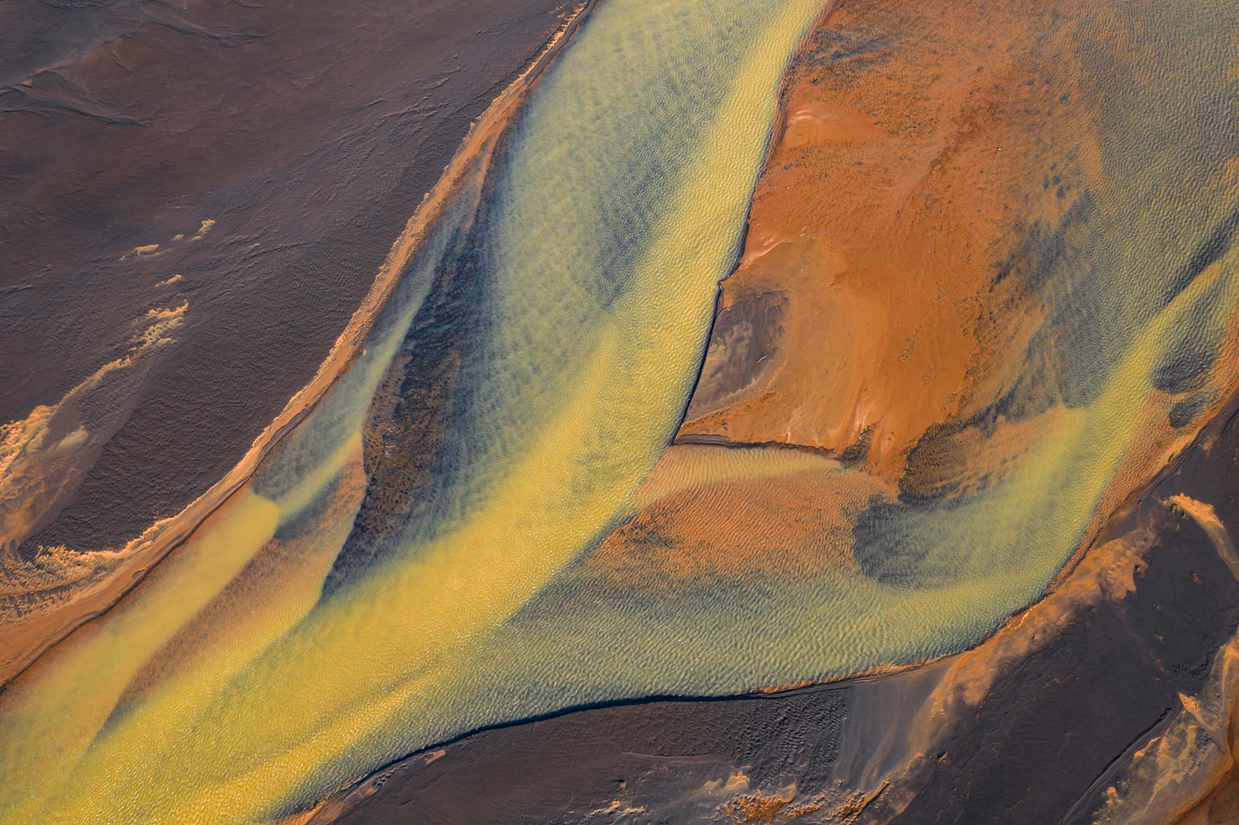 Abstract aerial photograph of colorful glacier river in Iceland