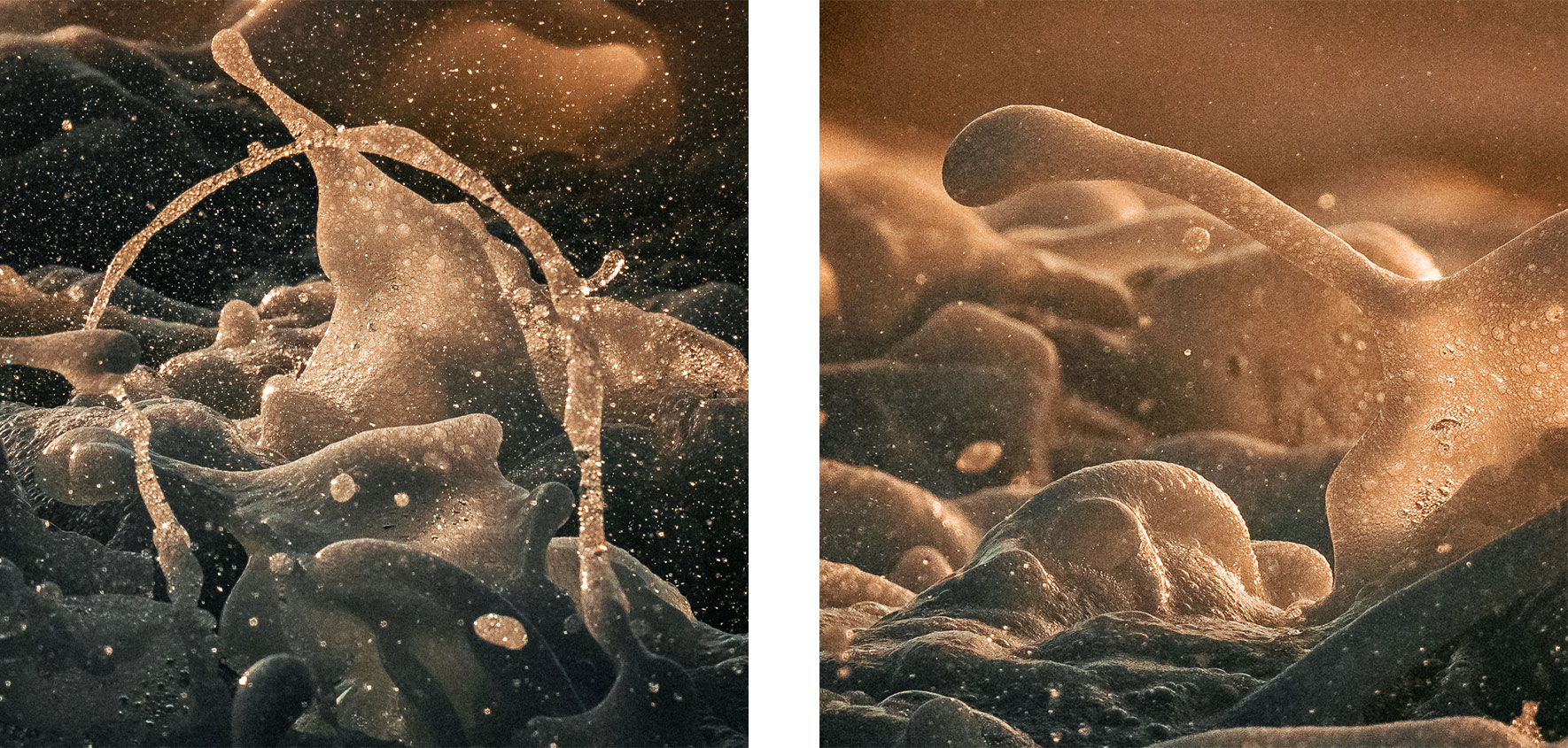 Close-ups of Splashing Waves in Warm Sunset Colors