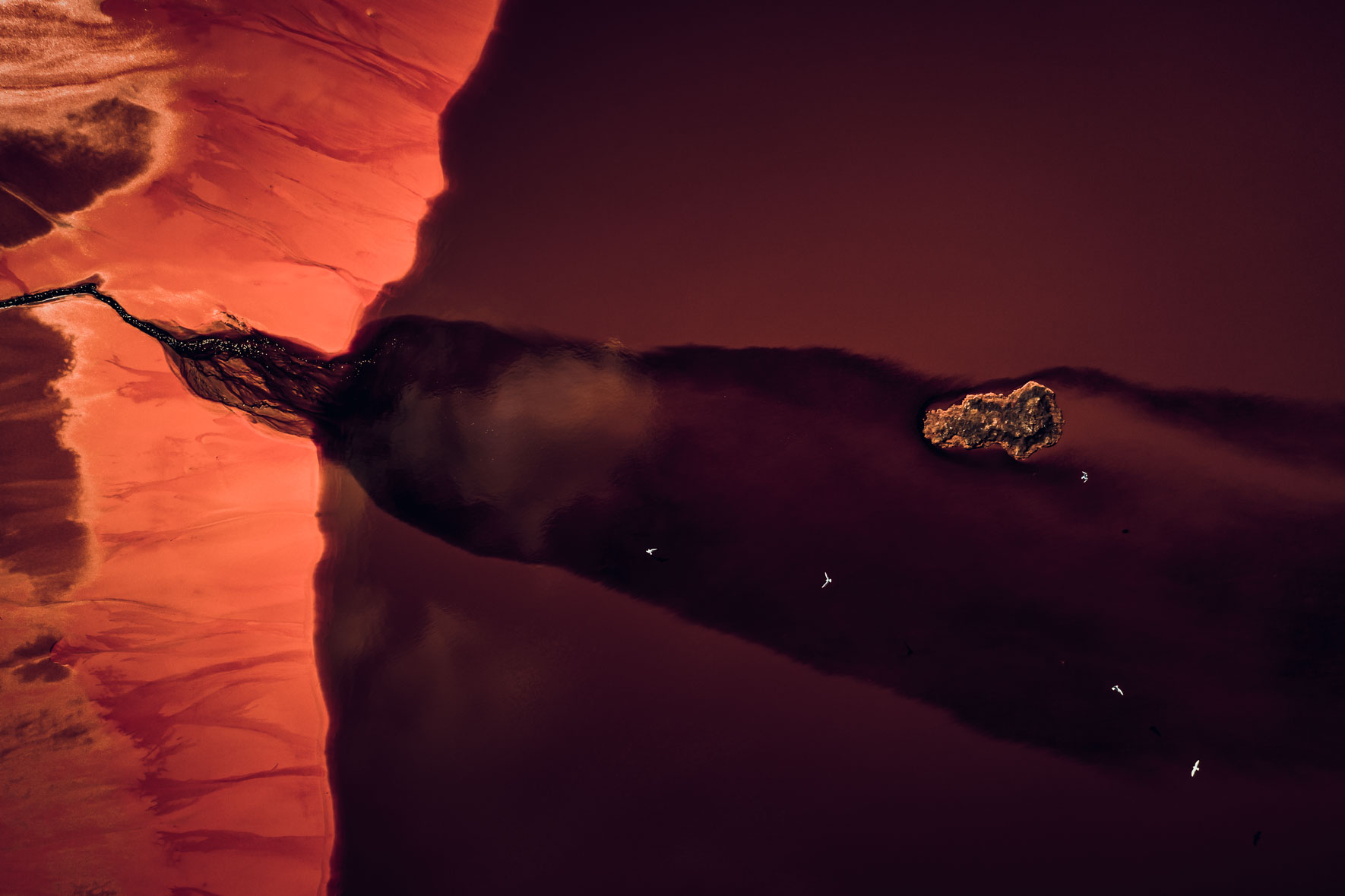 Fictional Mars landscape with river and lake