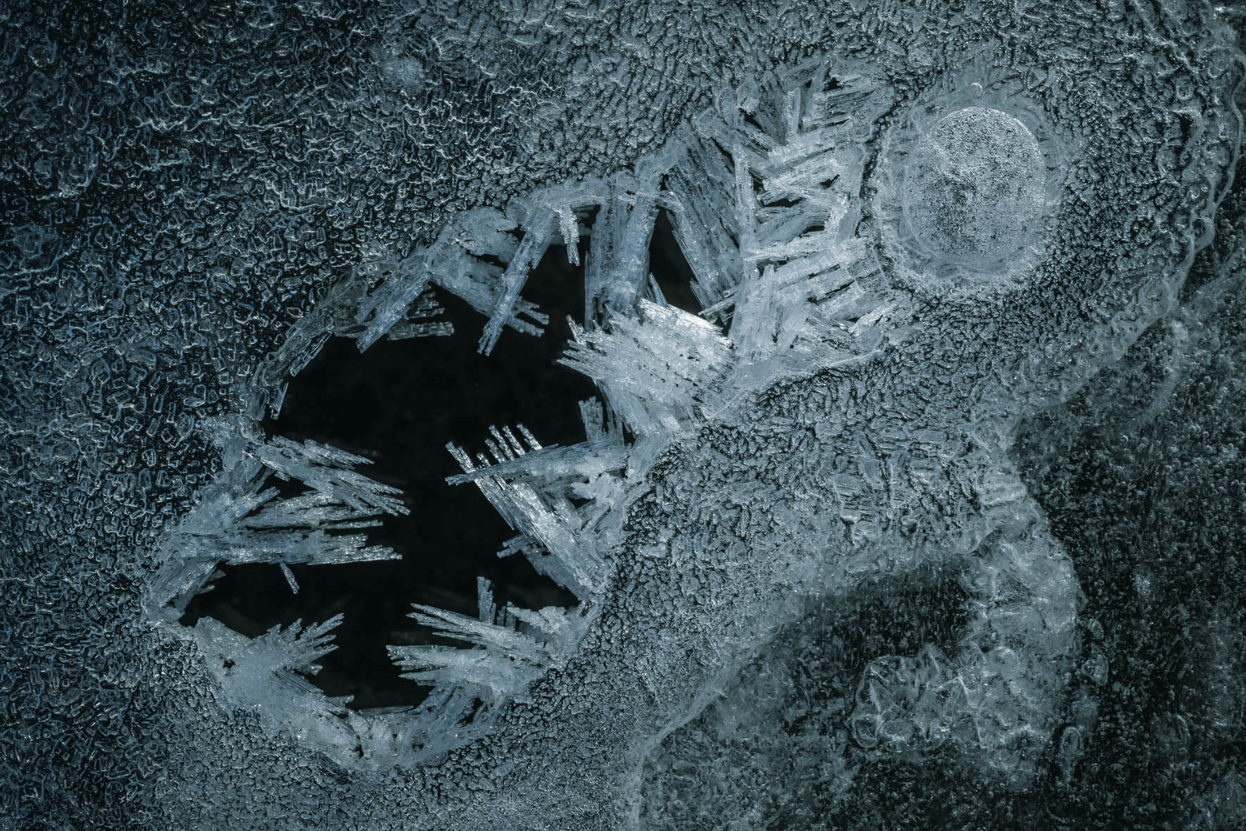 Macro photography of frozen puddle with ice structures