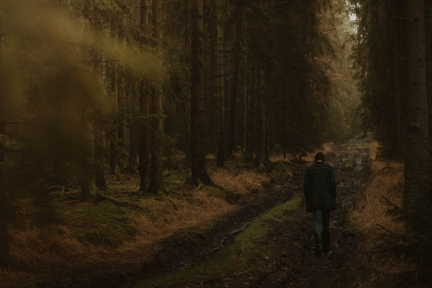 Dark and moody autumn forest with man walking down muddy forest road