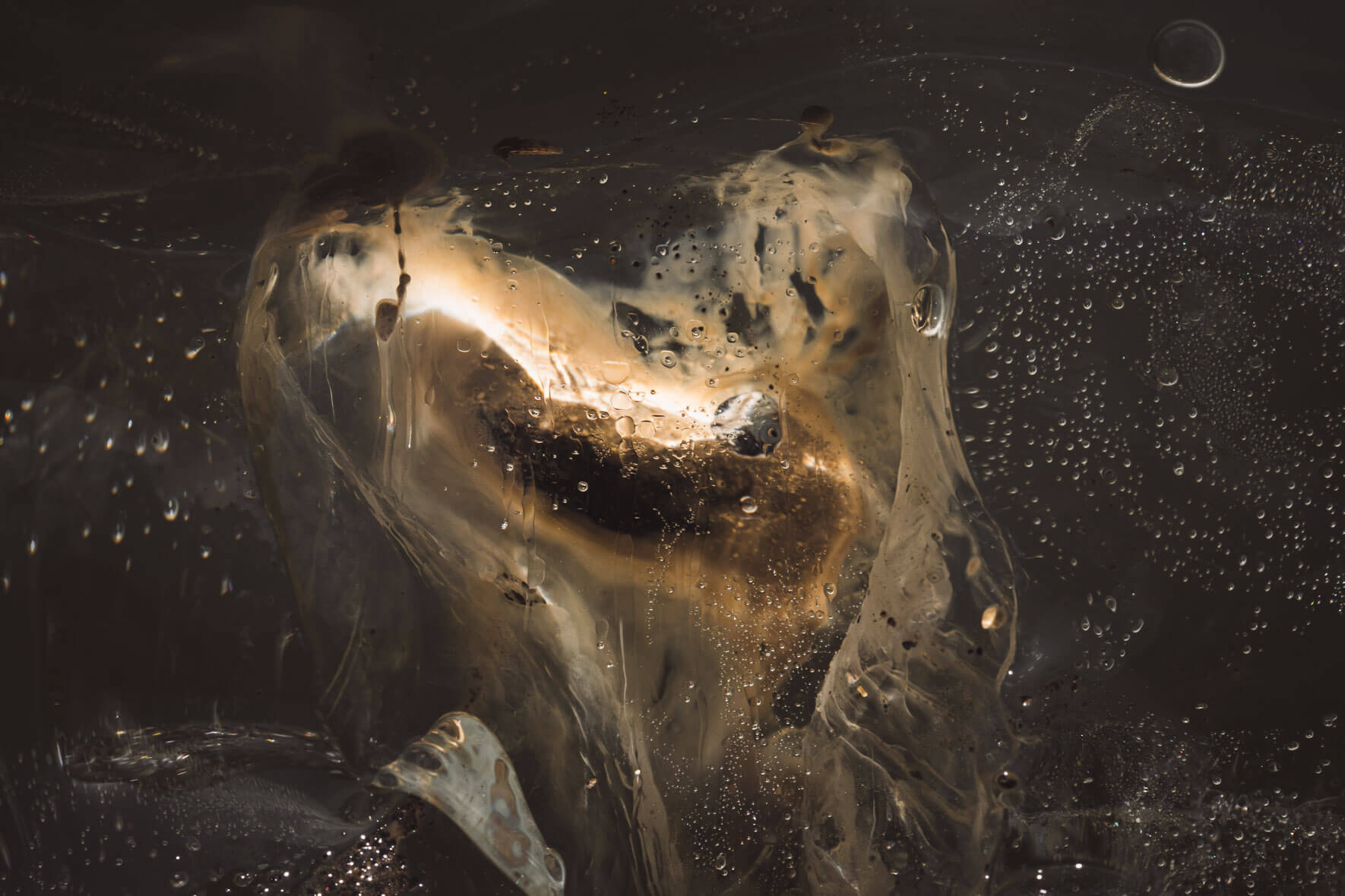 Macro photography of glacier ice with air inclusions in Iceland at Heinabergslón glacier