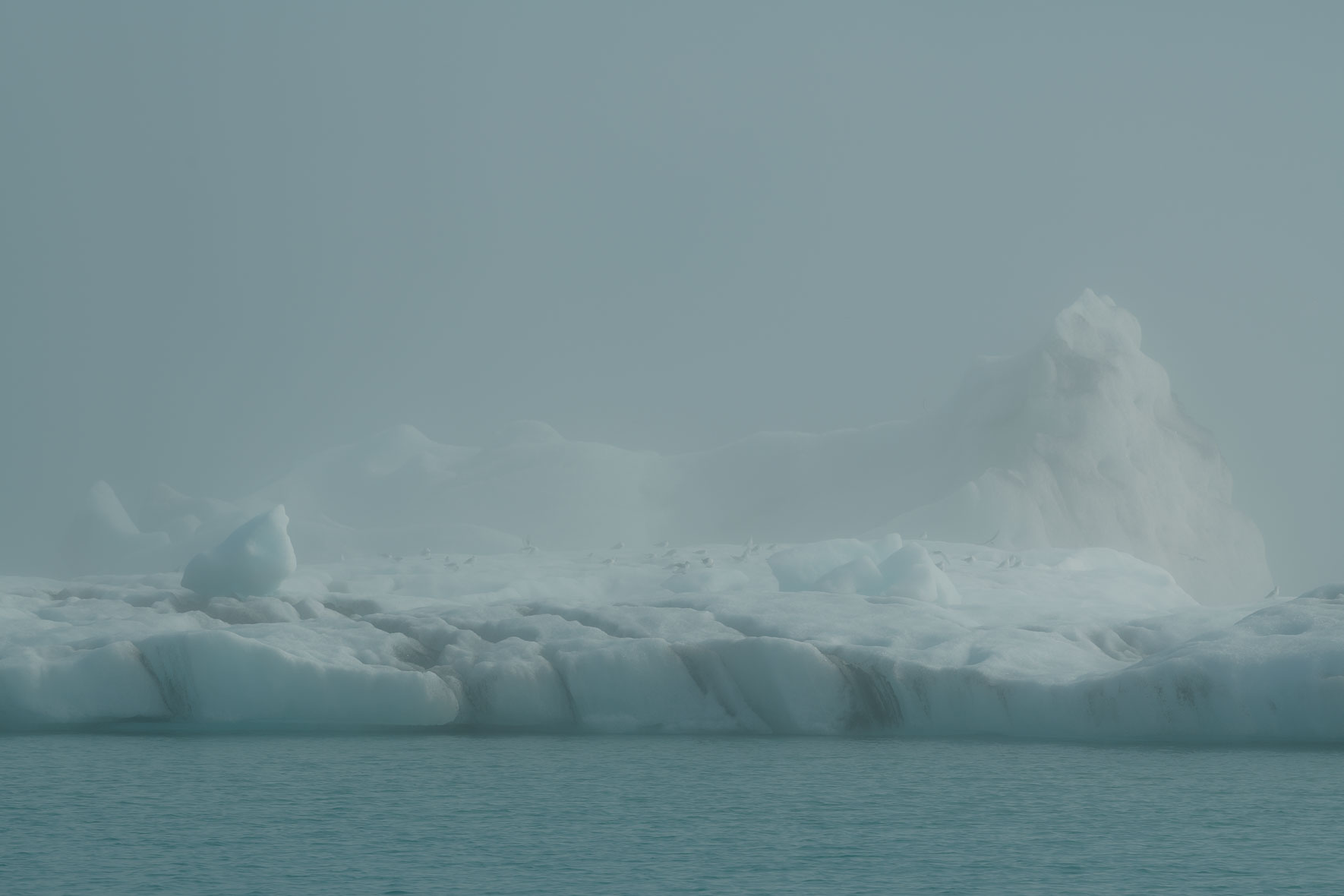 Icebergs in Jökulsárlón glacier lagoon in Iceland surrounded by fog