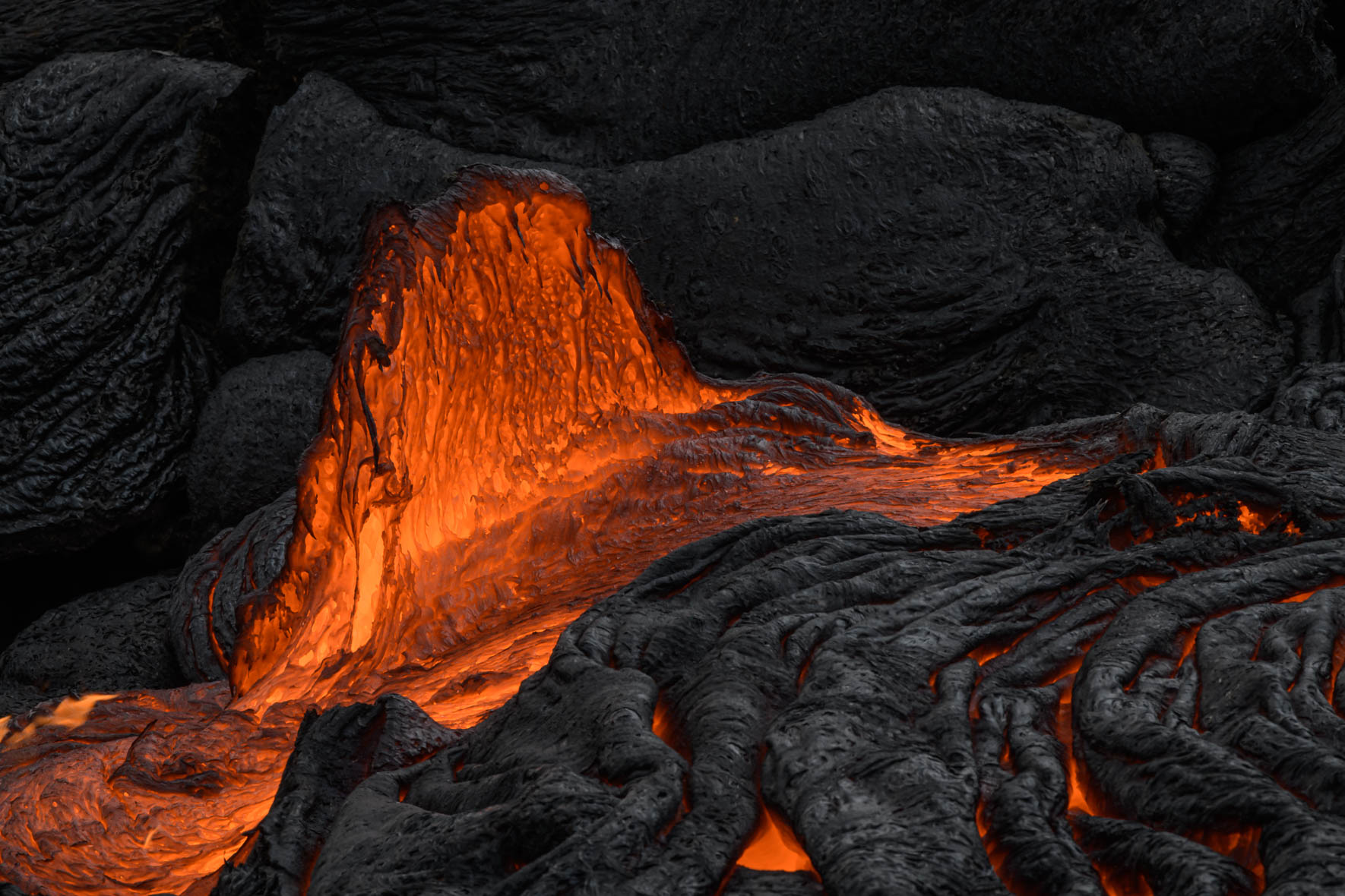 Details of flowing lava at Fagradalsfjall volcano eruption