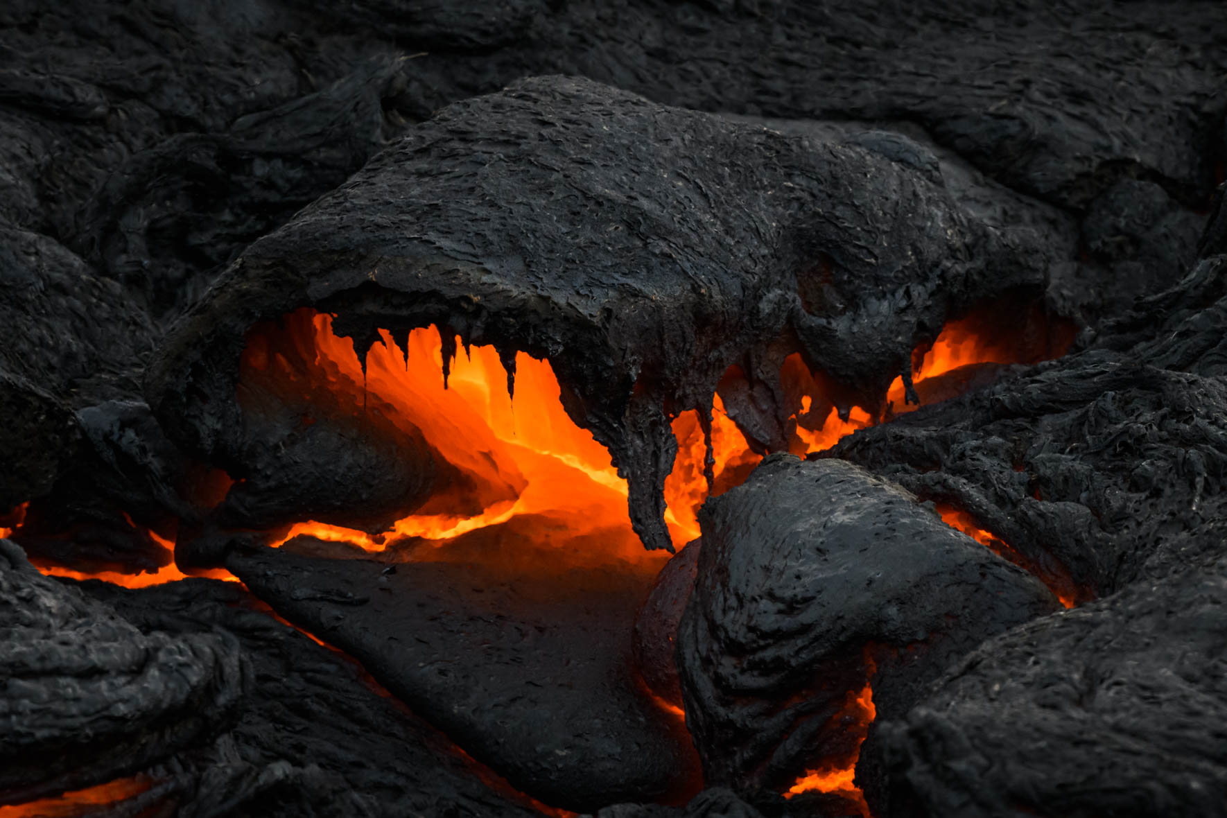Details of flowing lava at Fagradalsfjall volcano eruption