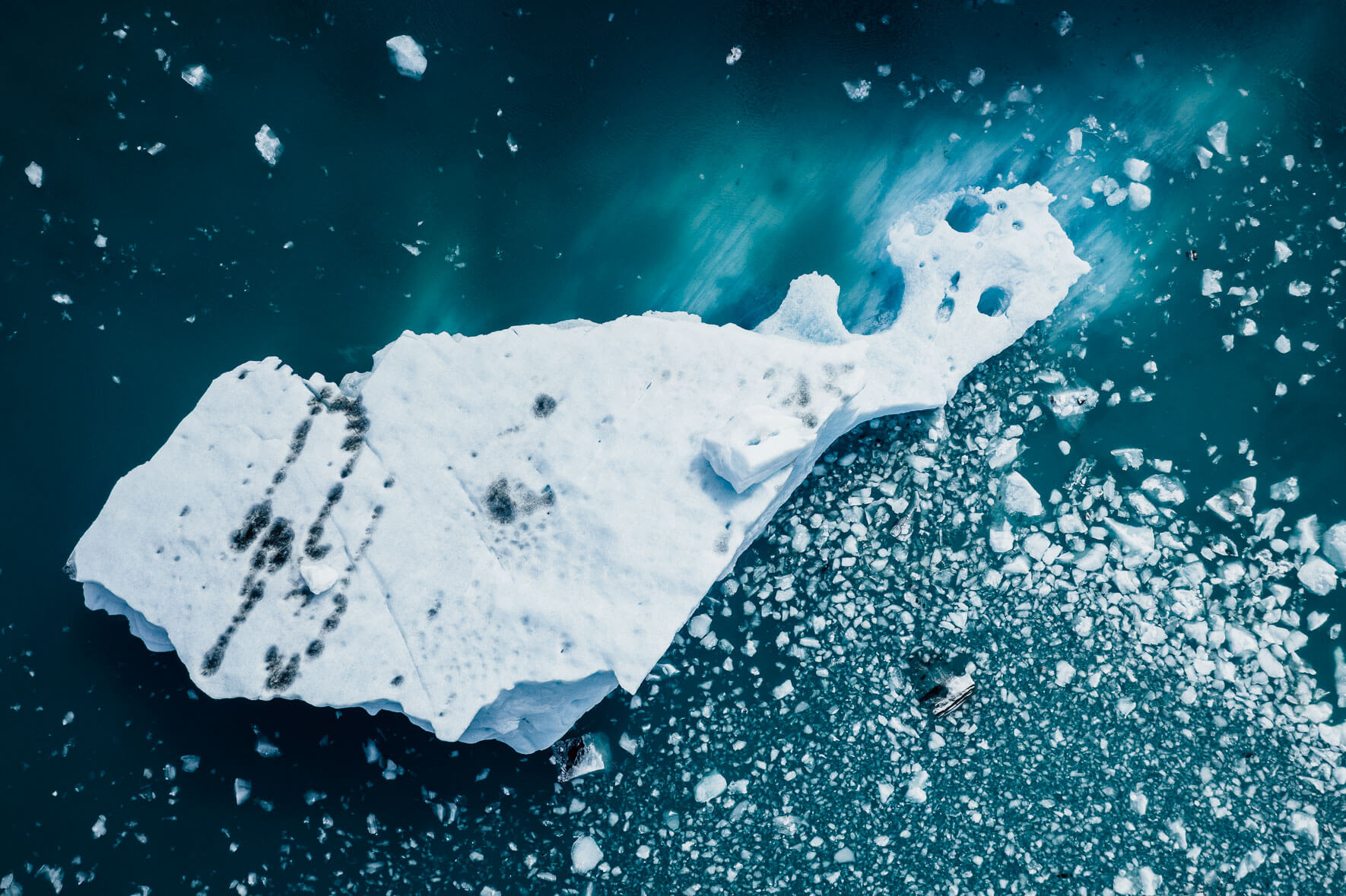Aerial photography of icebergs in glacier lagoon in Iceland