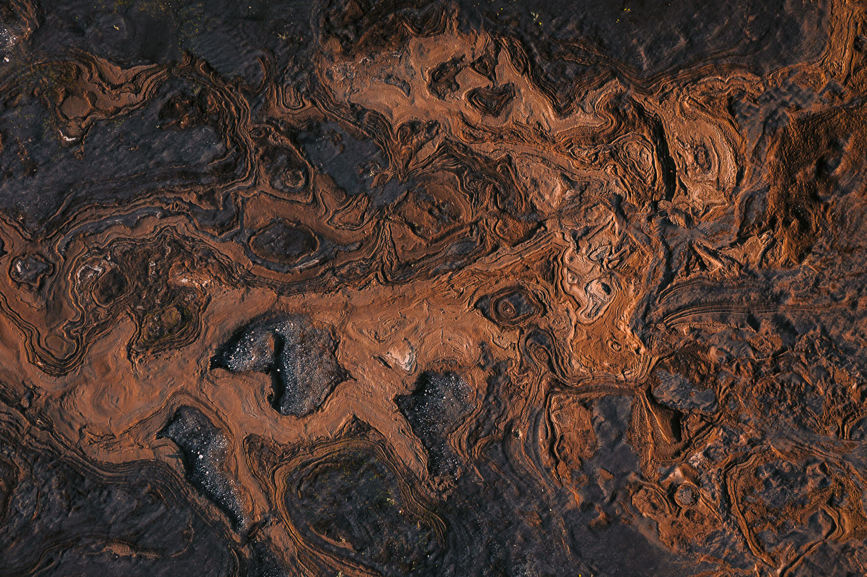 Abstract mud and sand textures from an aerial perspective in Iceland