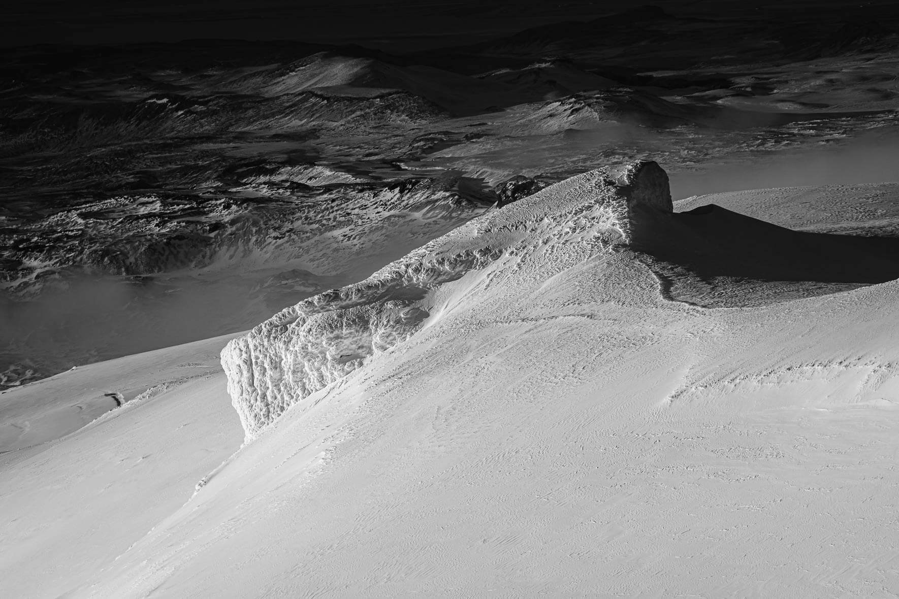 Black and white photography of summit of Eyjafjallajökull glacier in Iceland