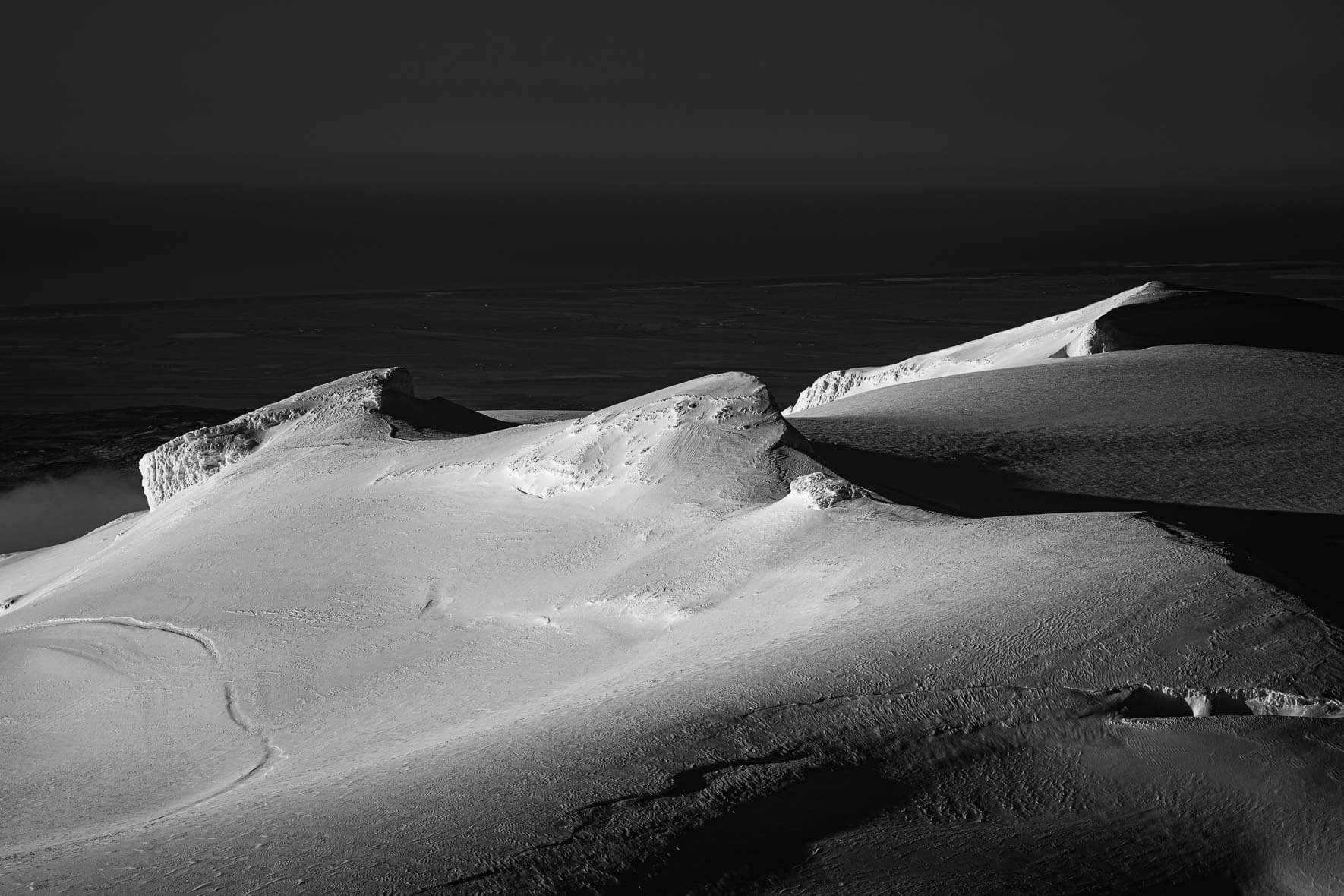 Black and white photograph of Mýrdalsjökull glacier summit in Iceland