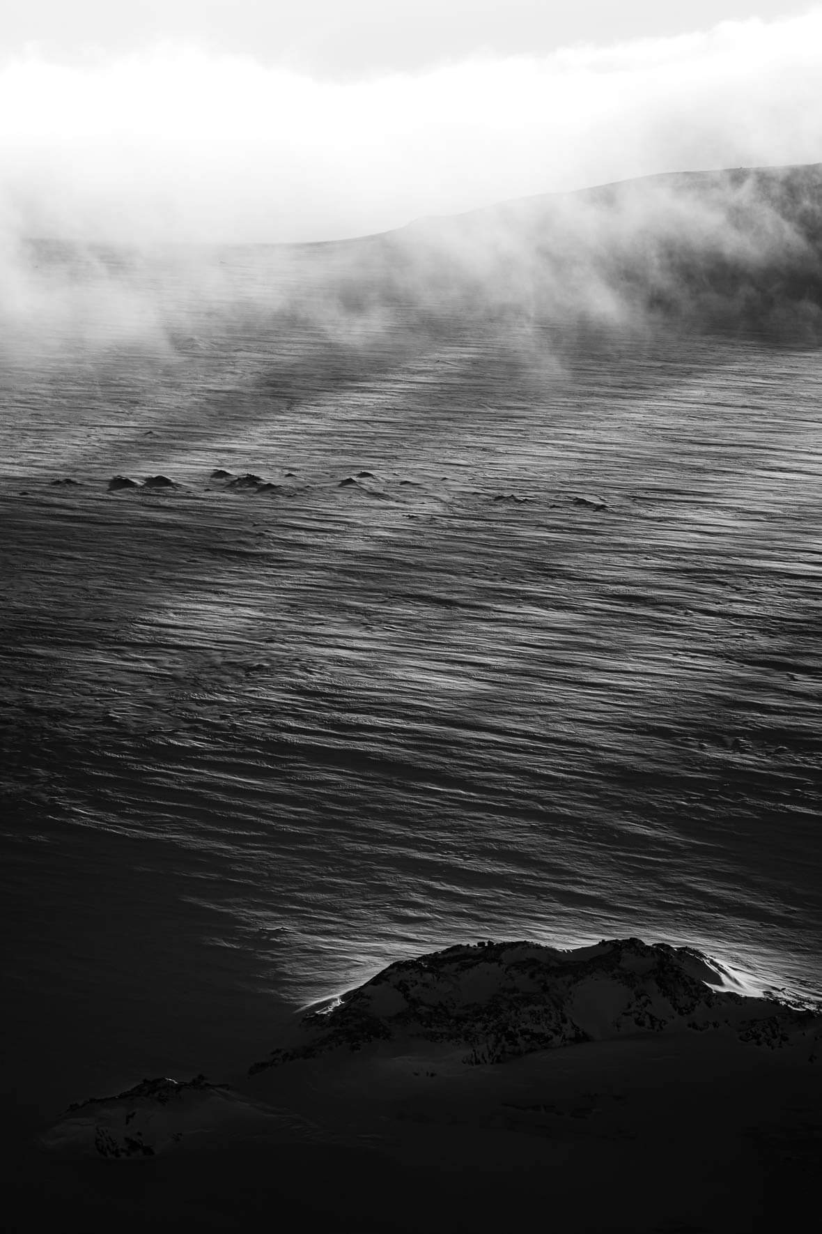 Black and white photograph of Mýrdalsjökull in the clouds (Iceland)