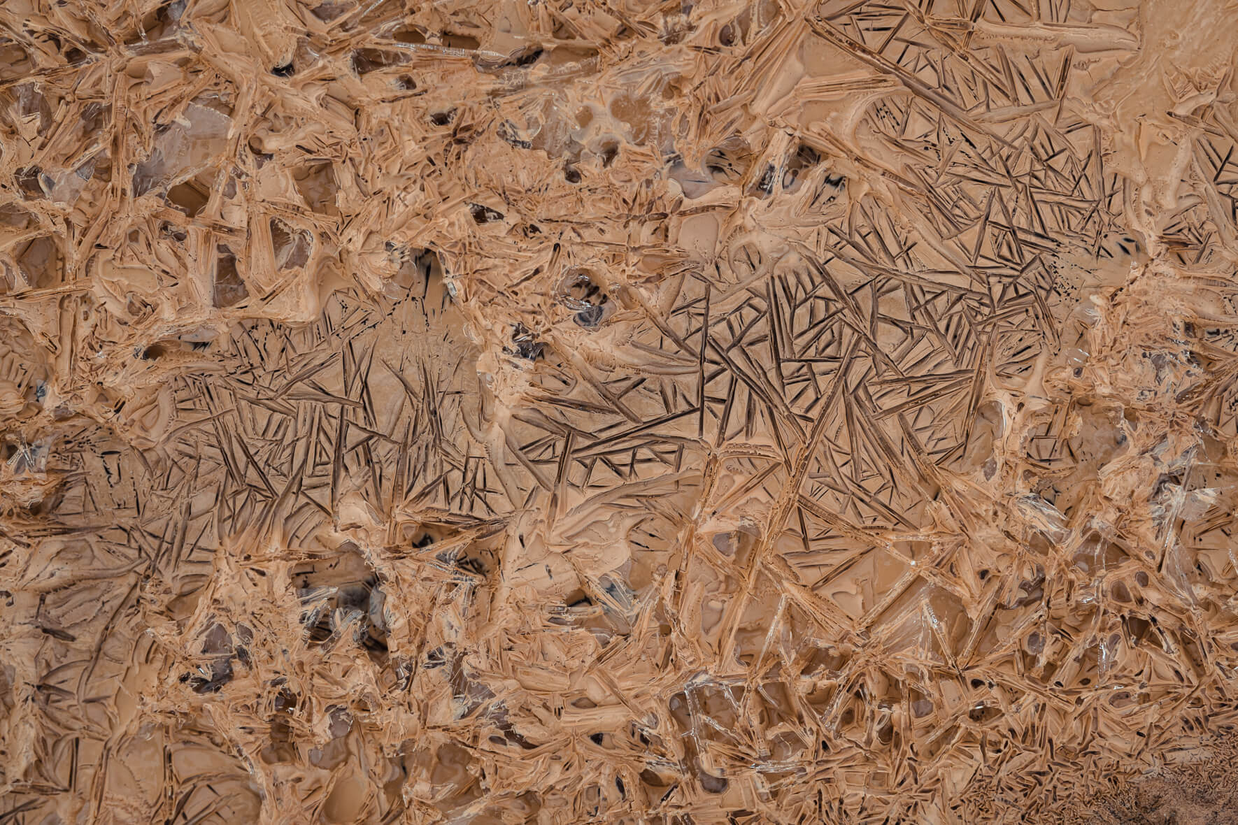 Ice crystals in a frozen and muddy creek