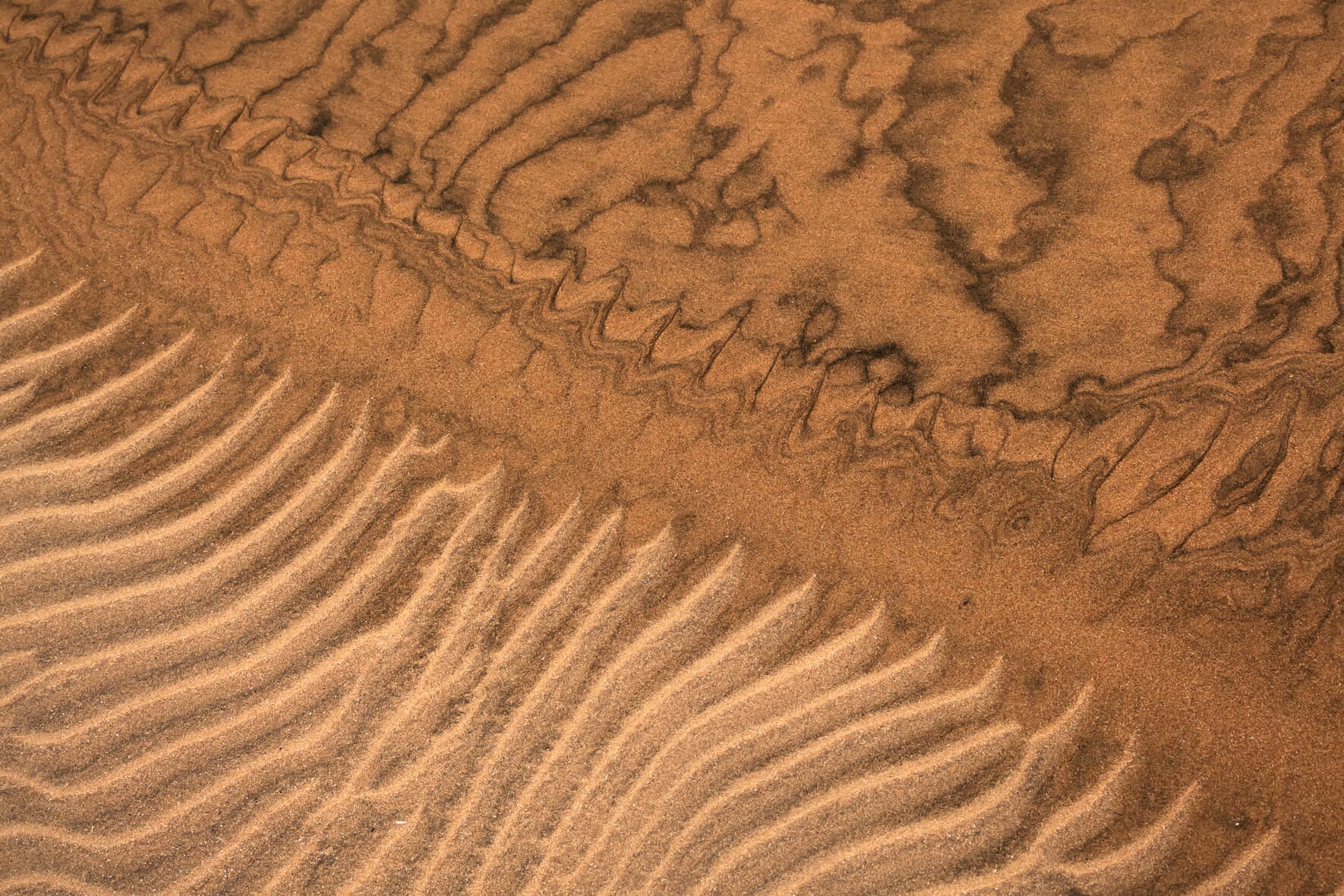 Abstract textures in sand painted by sea water and wind in the Westfjords of Iceland