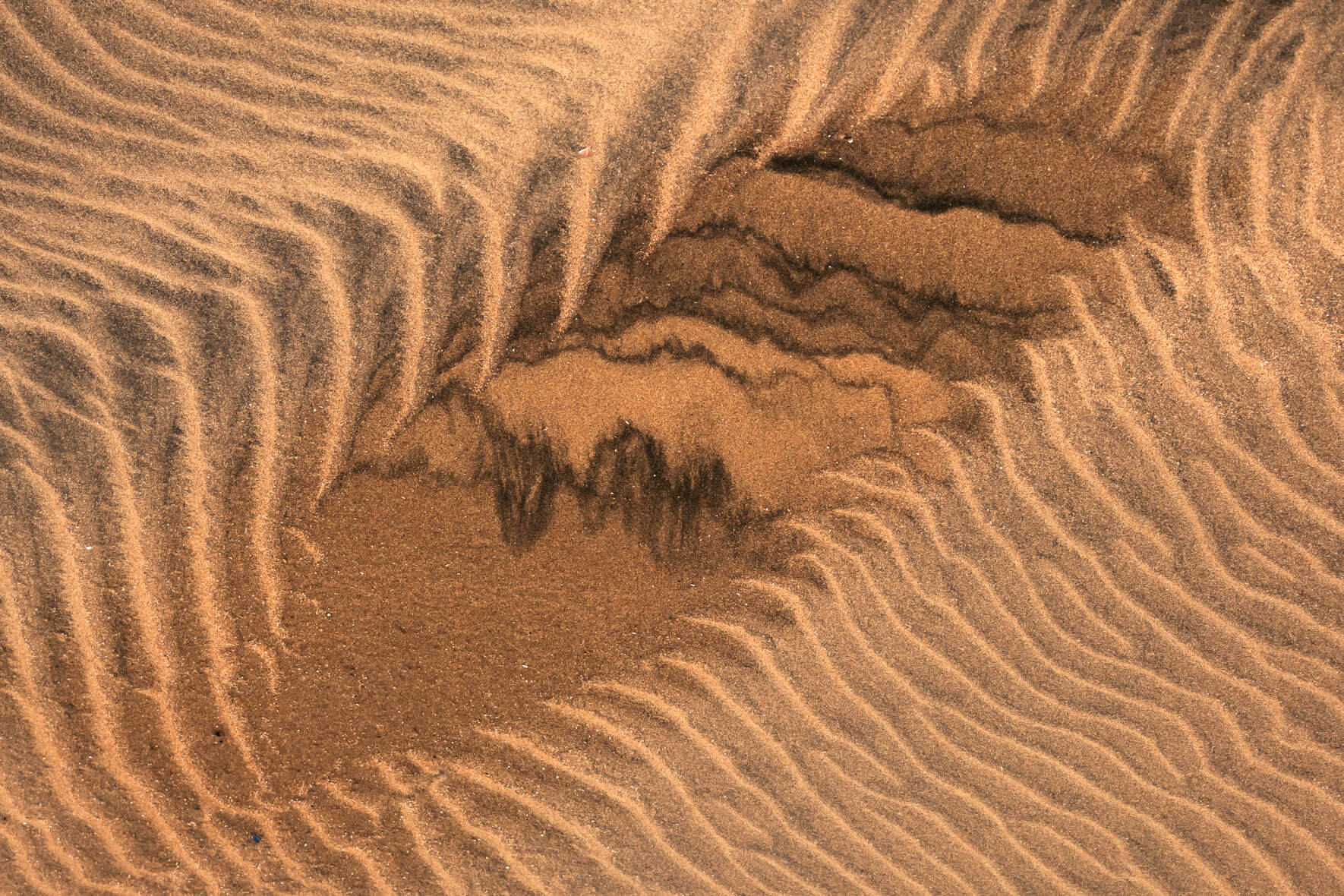 Abstract shapes in sand drawn by sea water in the Westfjords of Iceland