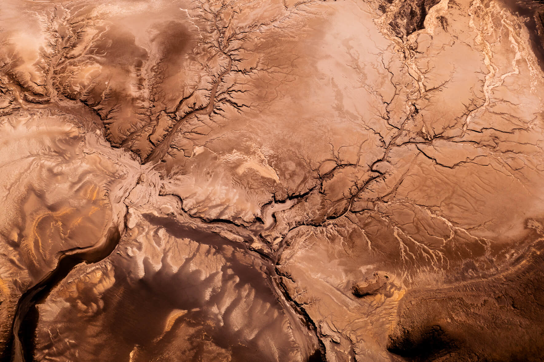 Abstract aerial view of a dried up riverbed in the highlands of Iceland