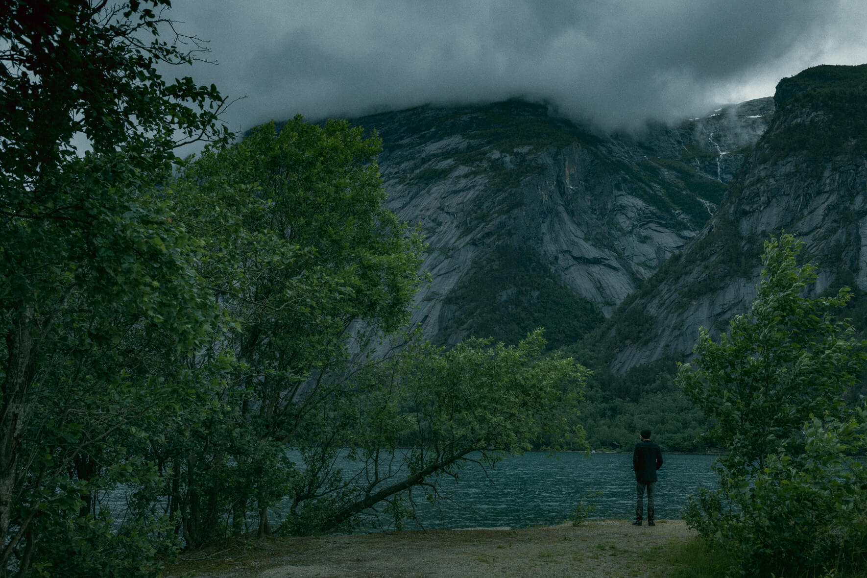 Simadalen valley east of Eidfjord in Norway after a heavy rain shower with lake and mountains