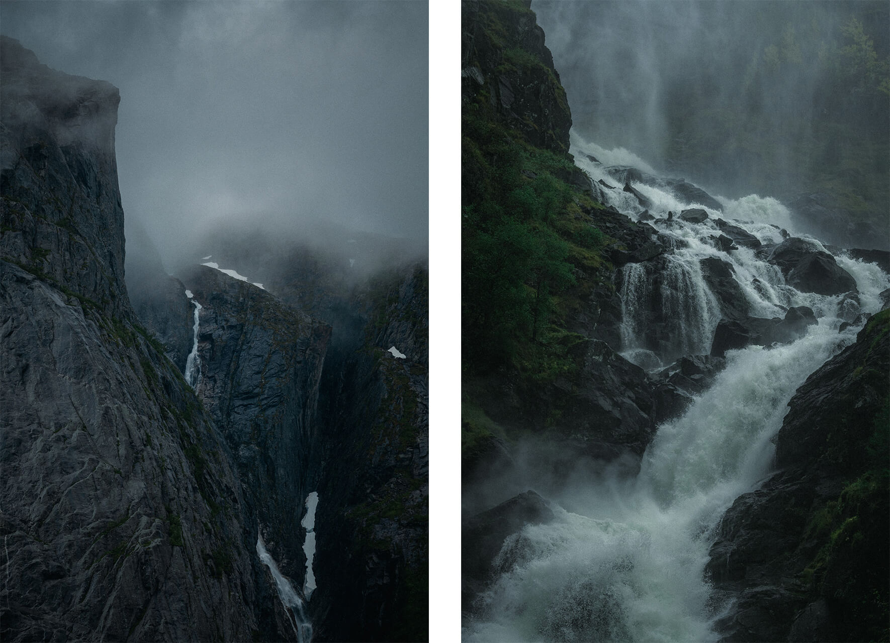 Dark and dramatic weather in Fjord Norway with mountains and waterfalls