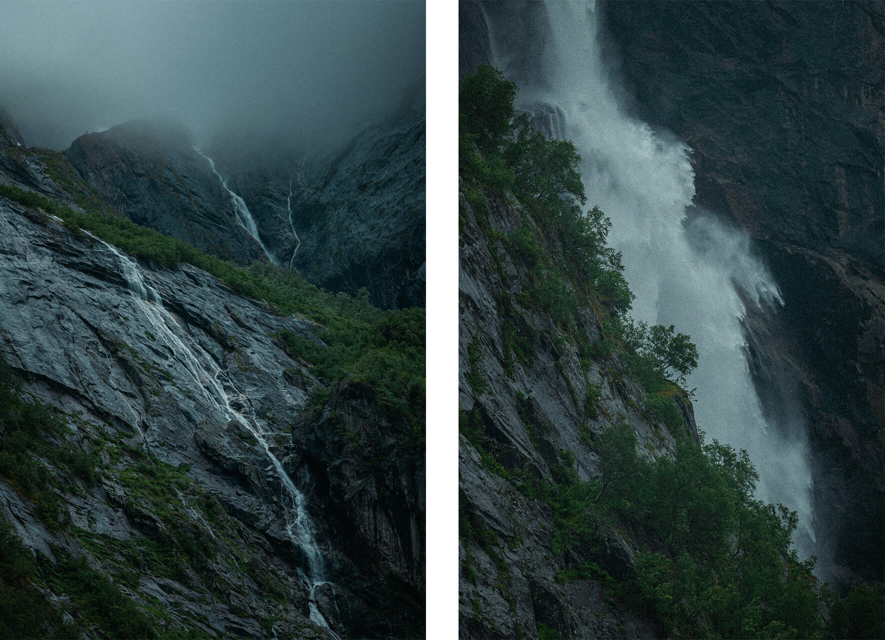 Dark and dramatic landscape of Fjord Norway in Autumn