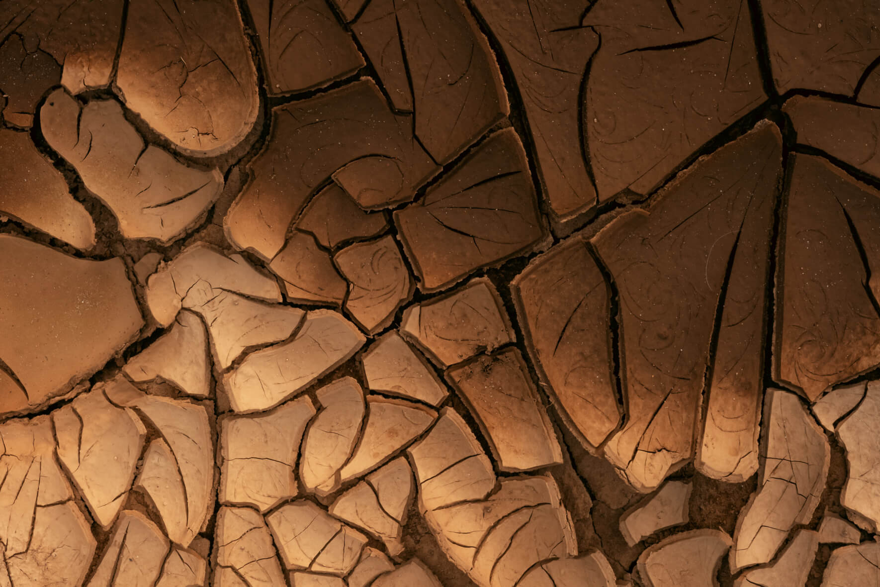 Close-up of abstract patterns formed in dried mud, displaying fascinating textures