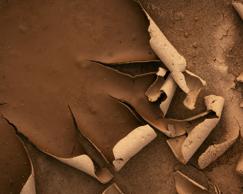 Close-up of abstract patterns formed in dried mud, displaying fascinating textures
