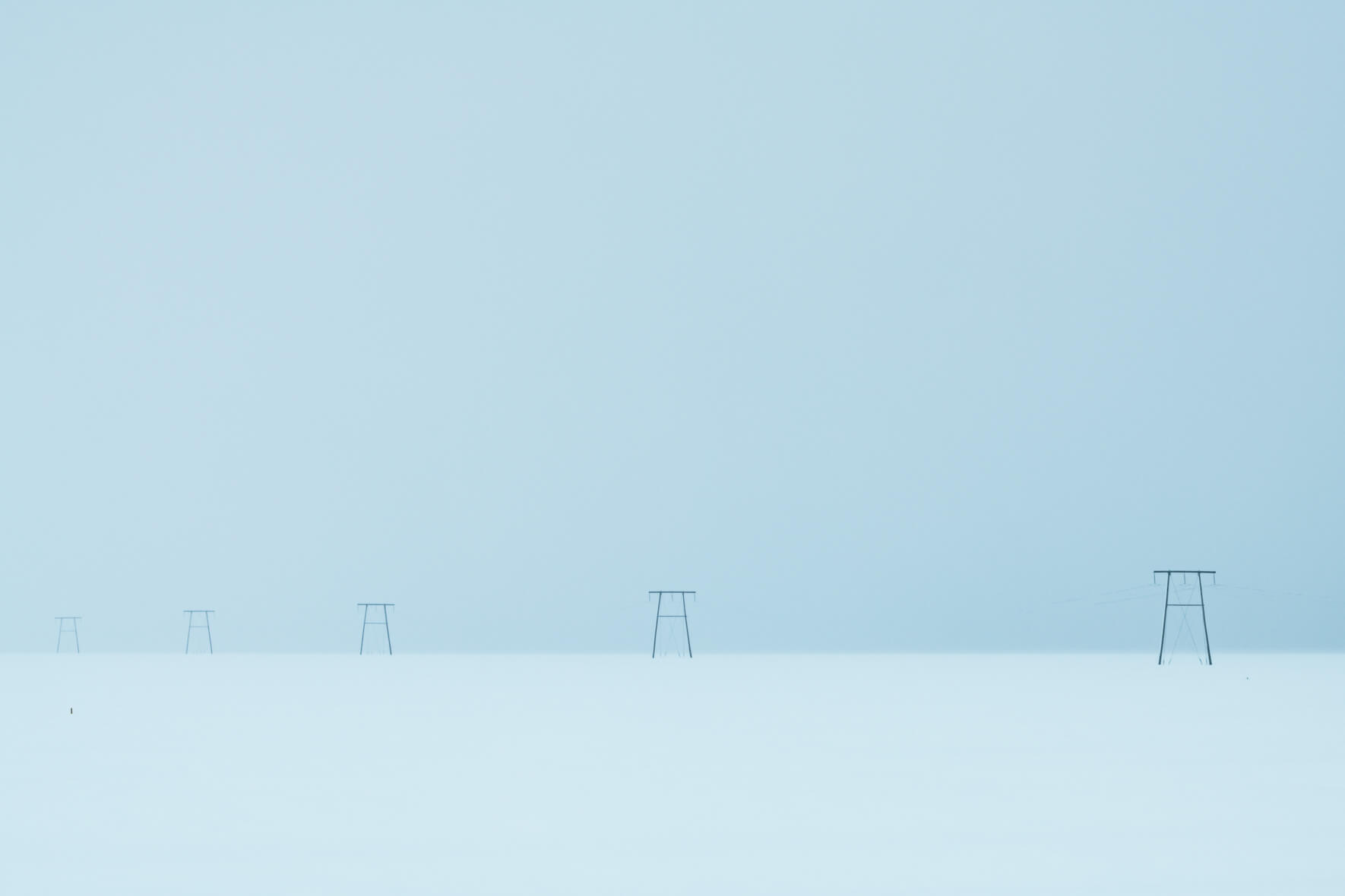 Power poles in minimalist winter landscape in Iceland during white-out conditions