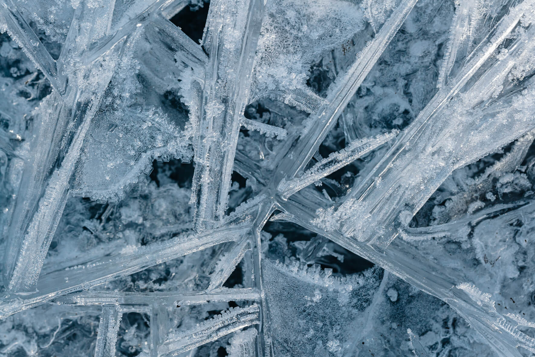 Close-up photography of abstract ice crystals on a frozen creek