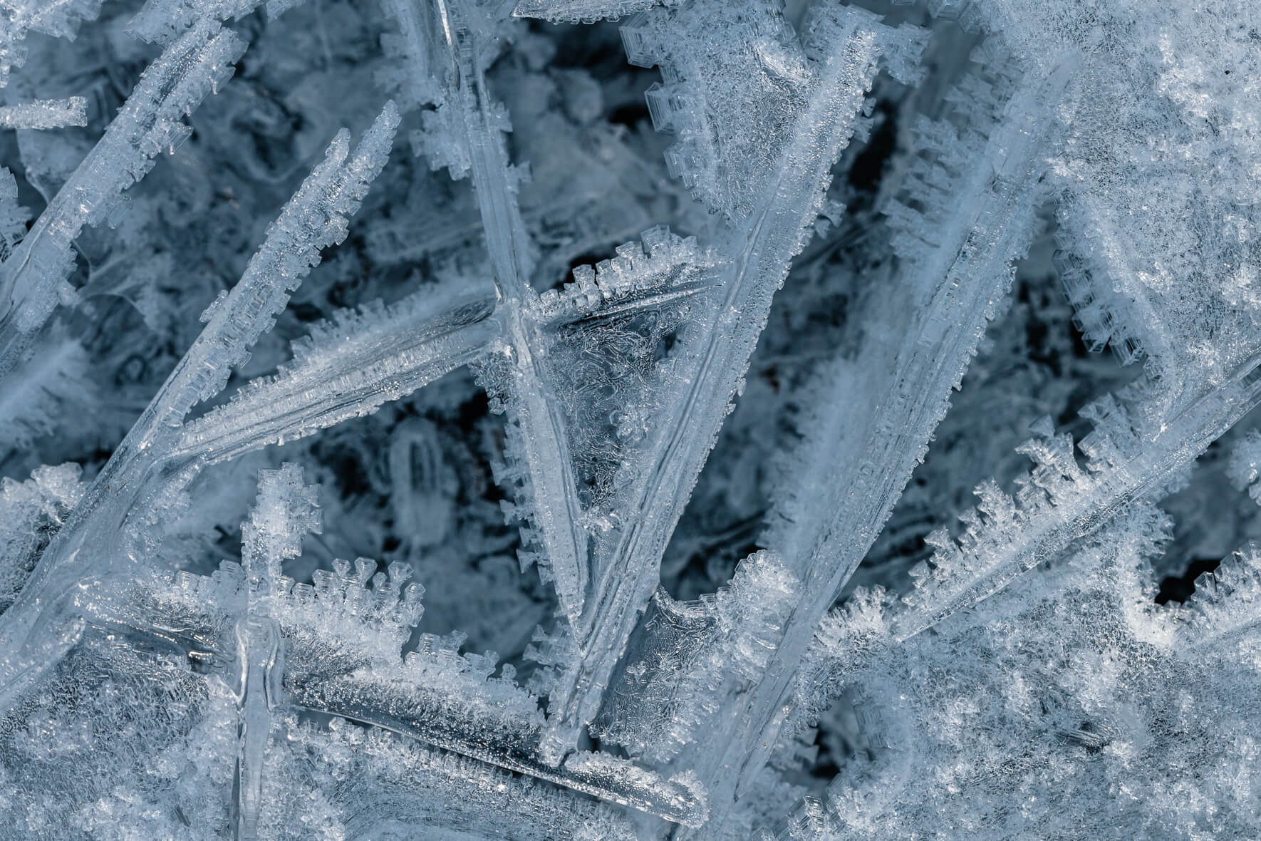 Ice crystals on a frozen stream during a very cold winter in Iceland