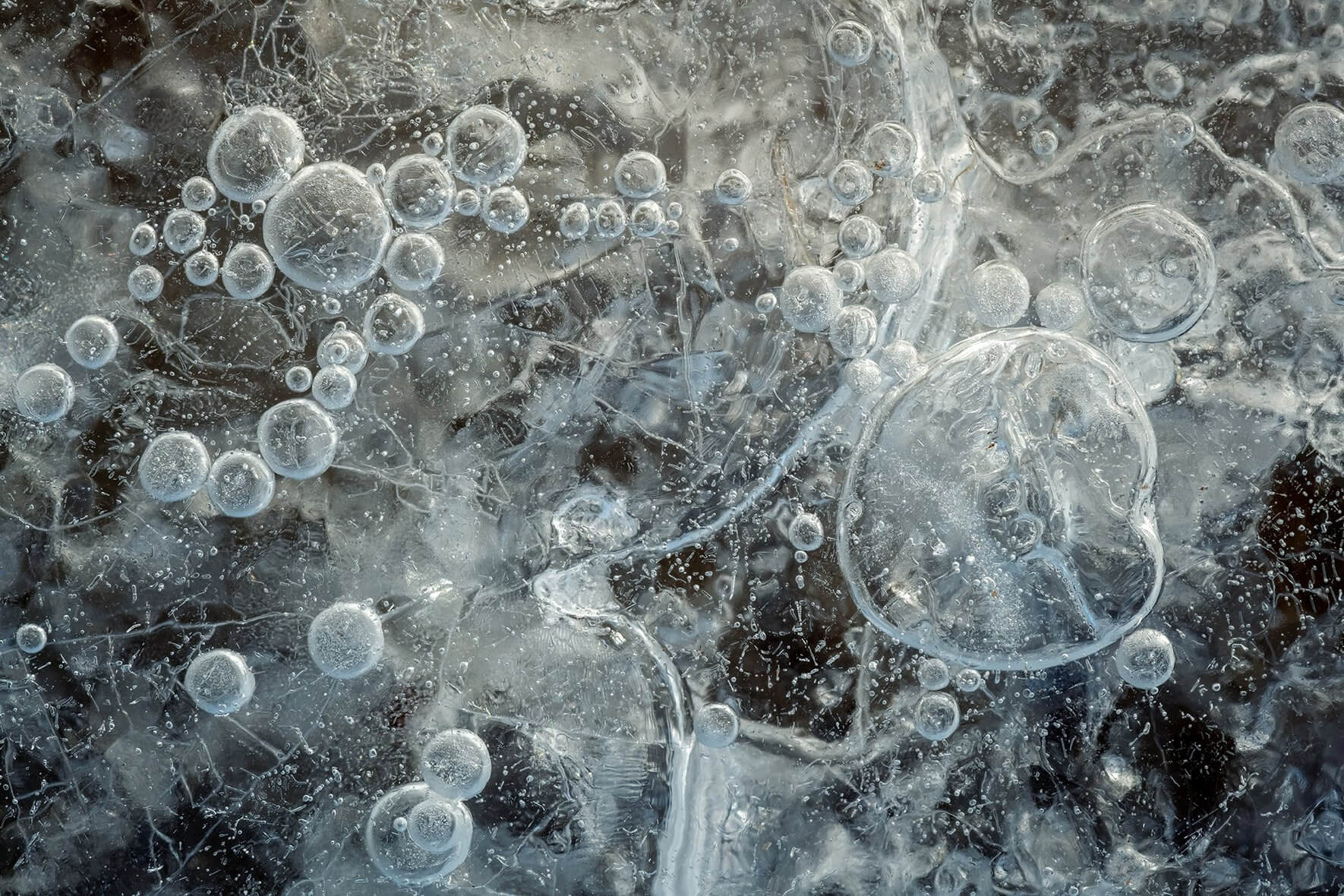 Abstract macro image of air bubbles in the ice of a frozen moorland in Norway