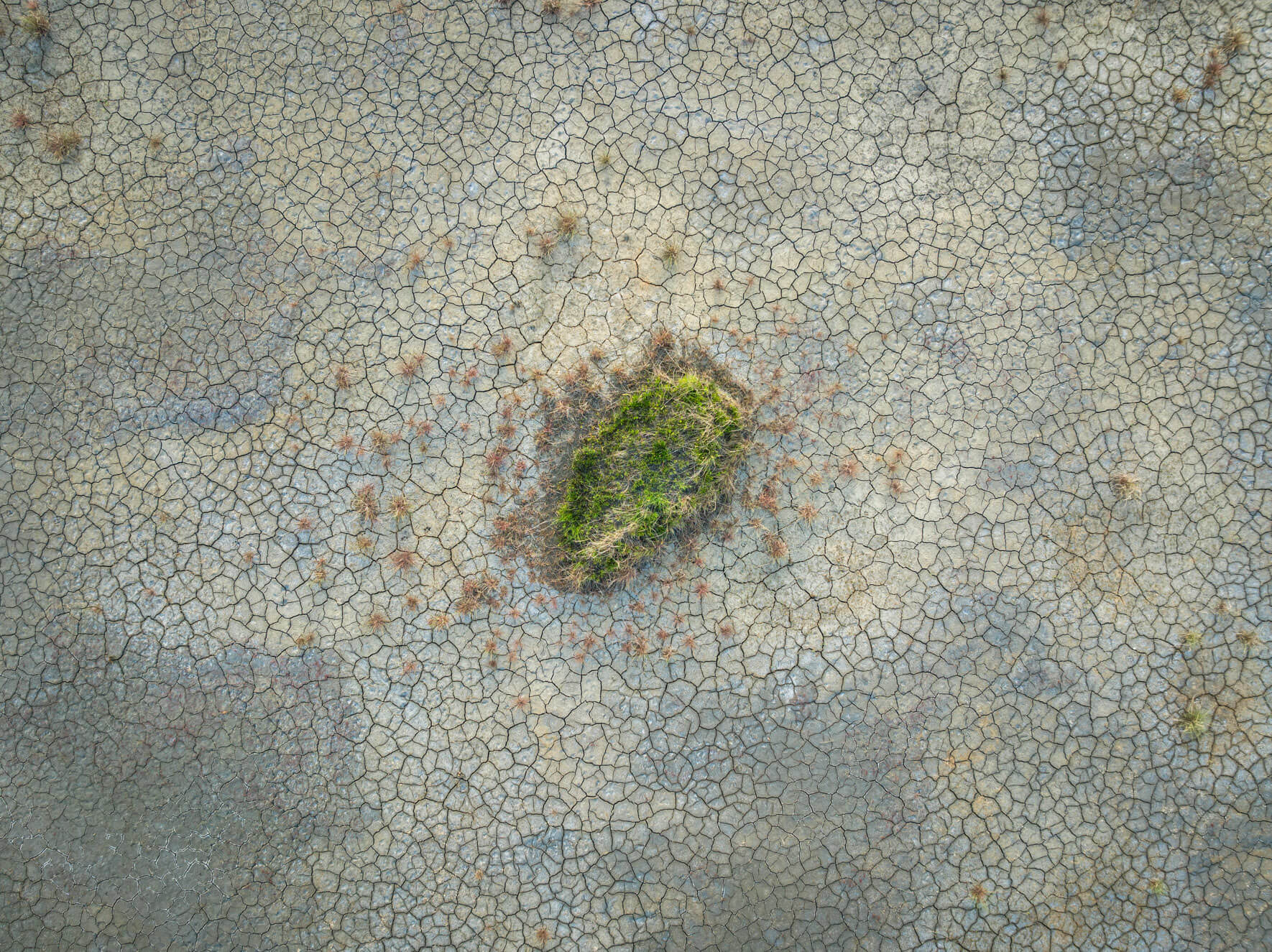 Aerial view of cracked earth textures in Alaska’s intertidal zone