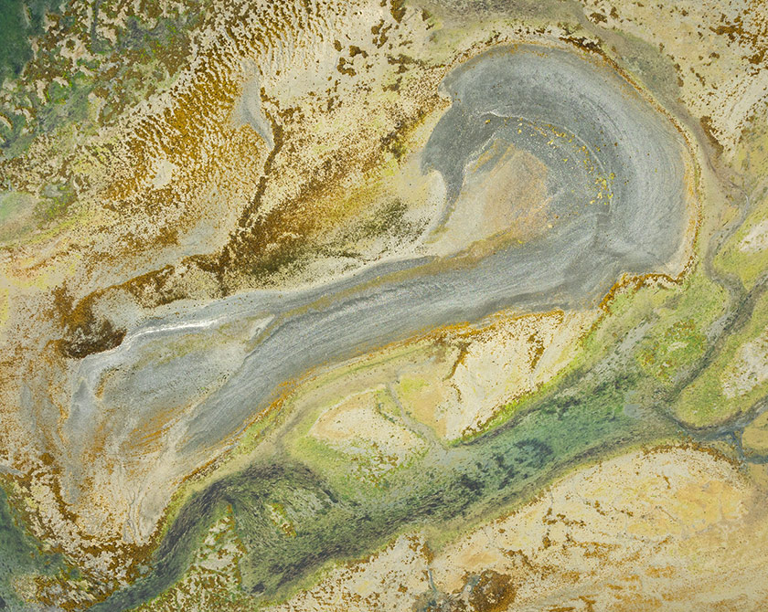 Aerial view of Alaska’s intertidal zones, where land, water, and vegetation create intricate patterns