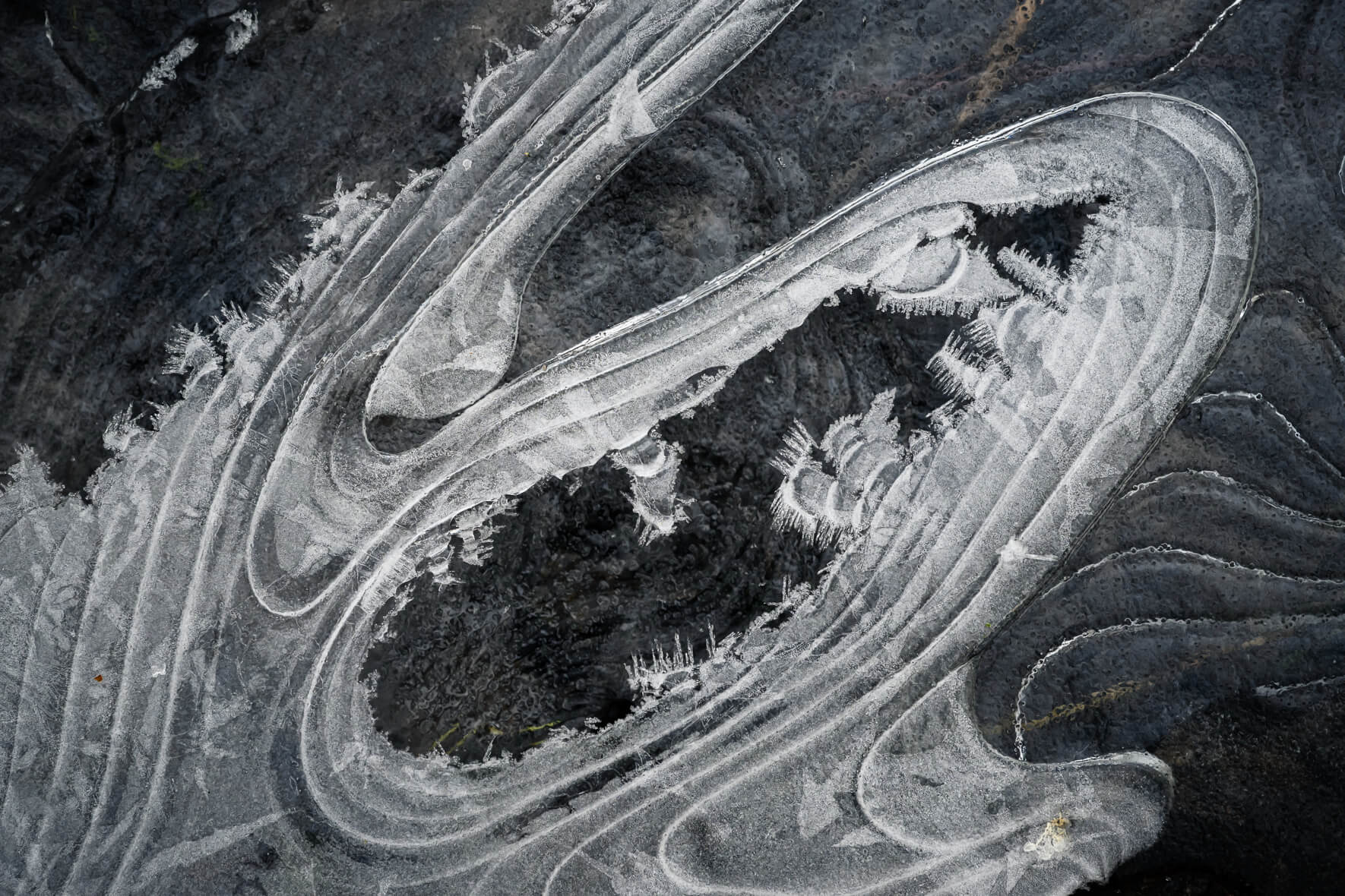 Macro photography details of a frozen stream with ice crystals