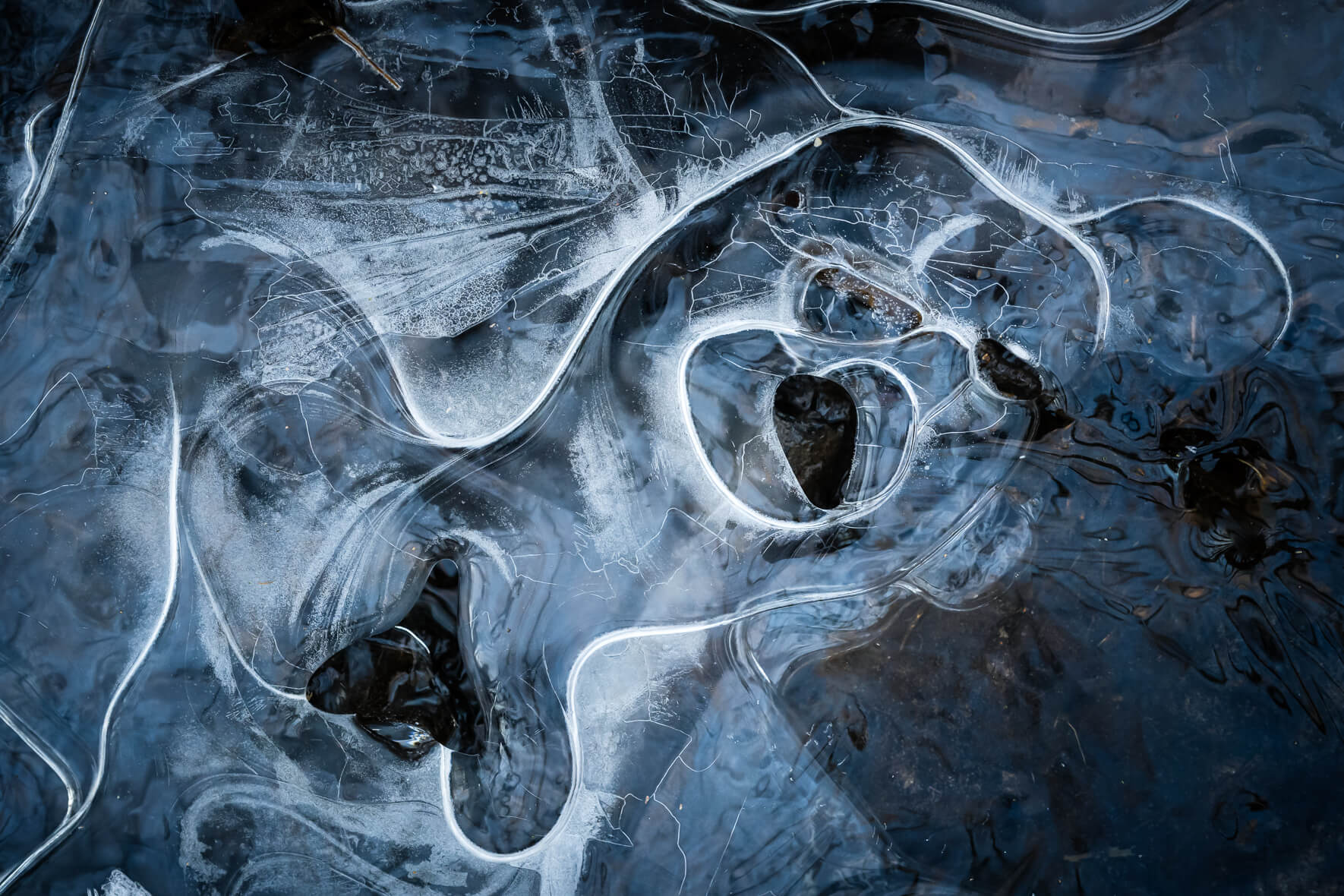 Macro photography of a frozen stream with abstract details.