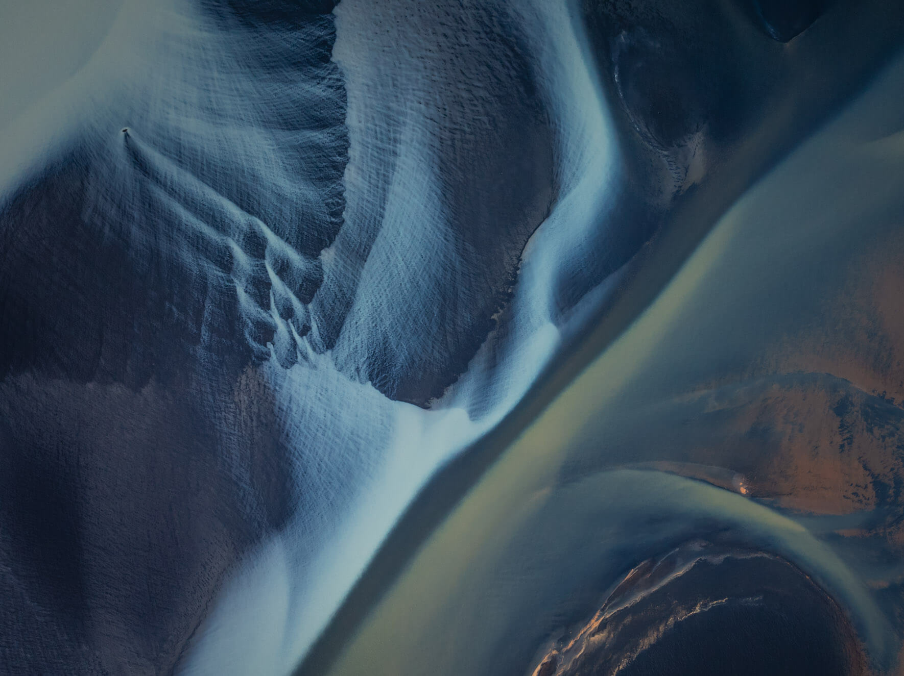 Þjórsá River in Iceland from above revealing dynamic patterns of sediment and water
