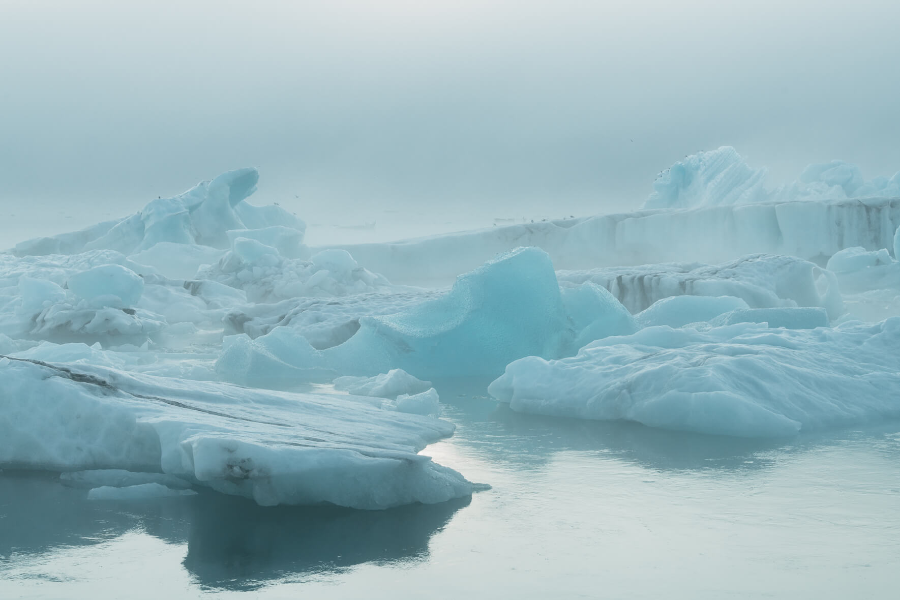 Icebergs on the Jökulsárlón glacier lagoon in foggy weather with monochrome light