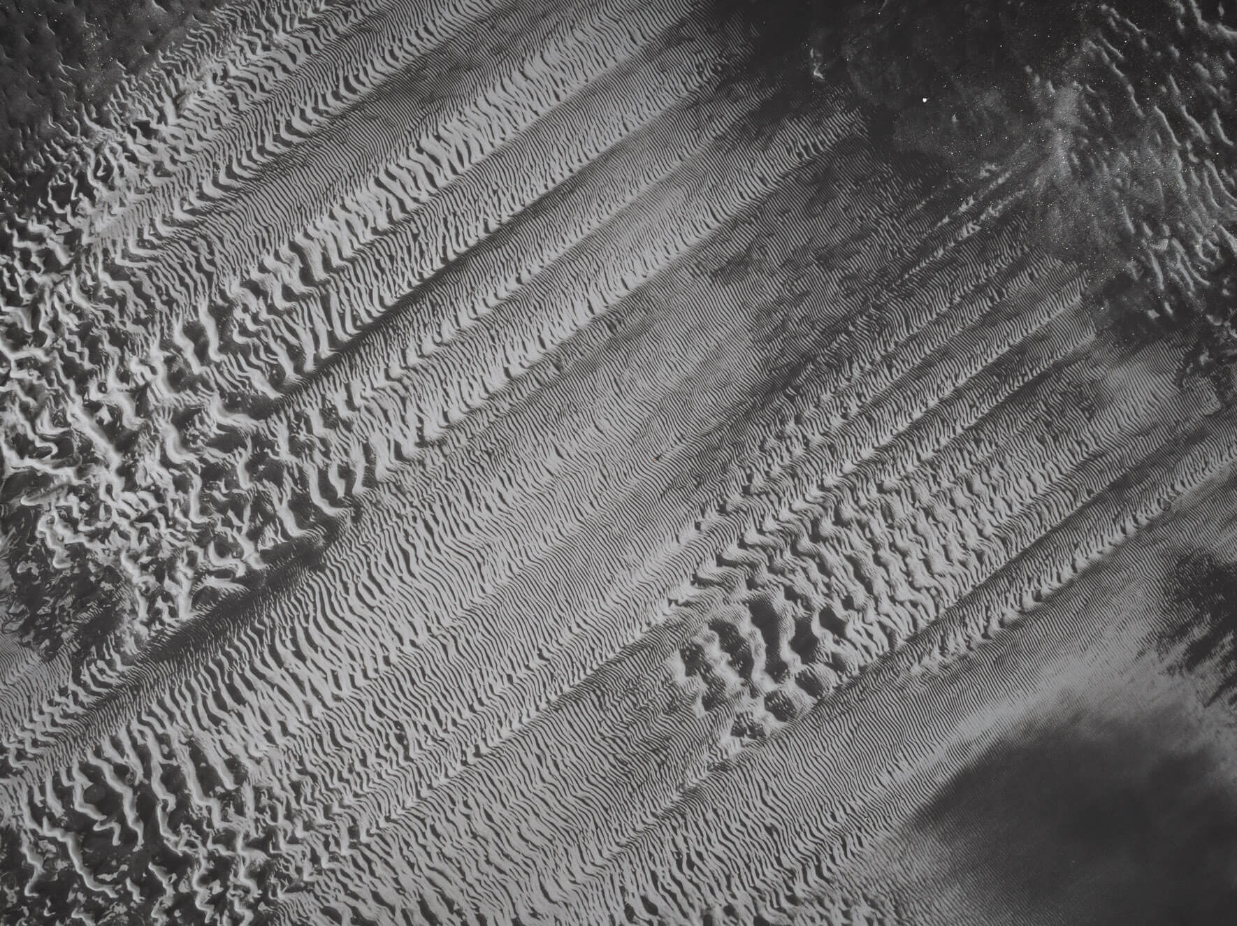 Close-up aerial view of Iceland’s sand ripples formed by dynamic water flow