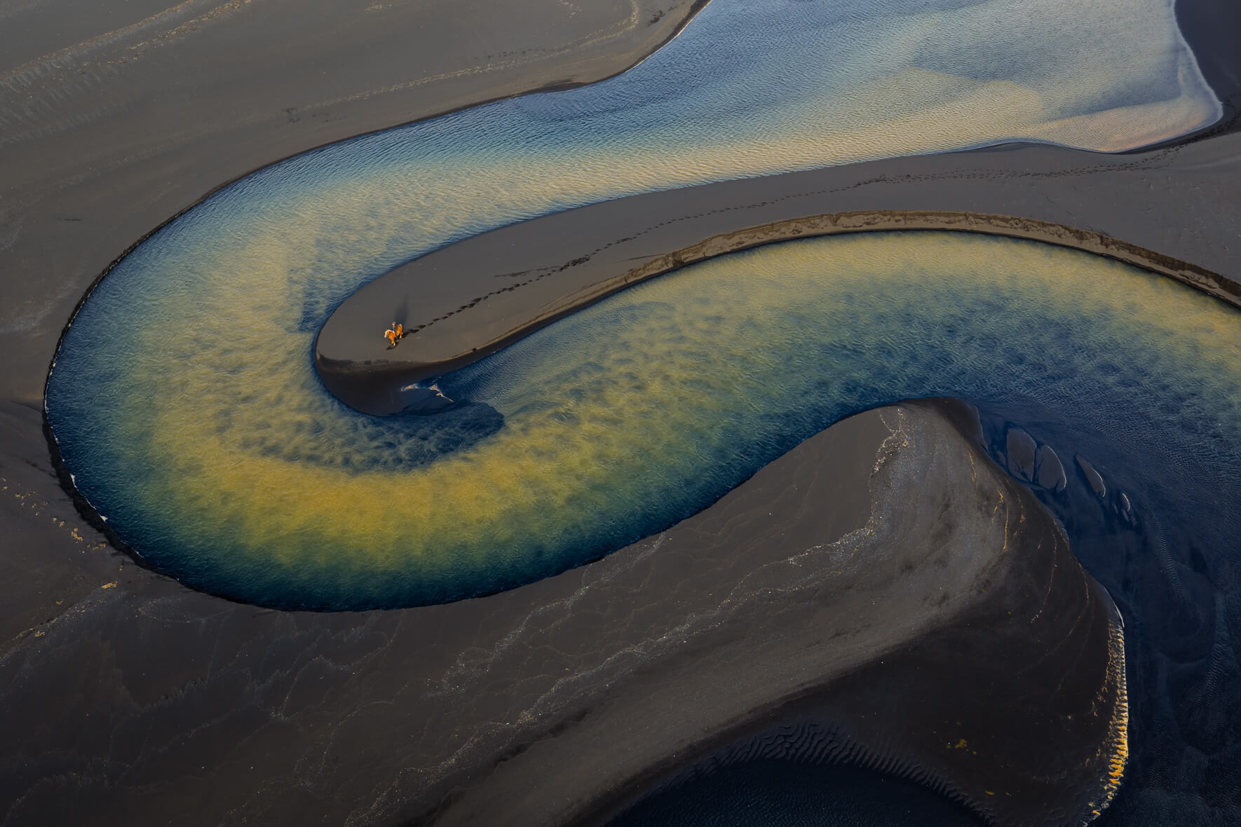 Aerial view of horse on sand island in Iceland surrounded by golden glacial water