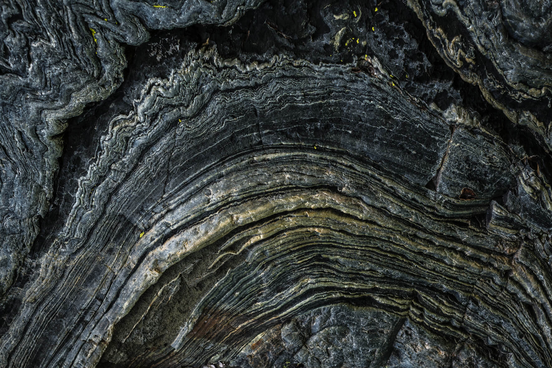 Oxidized rock formation with iridescent mineral tones and fine fractures