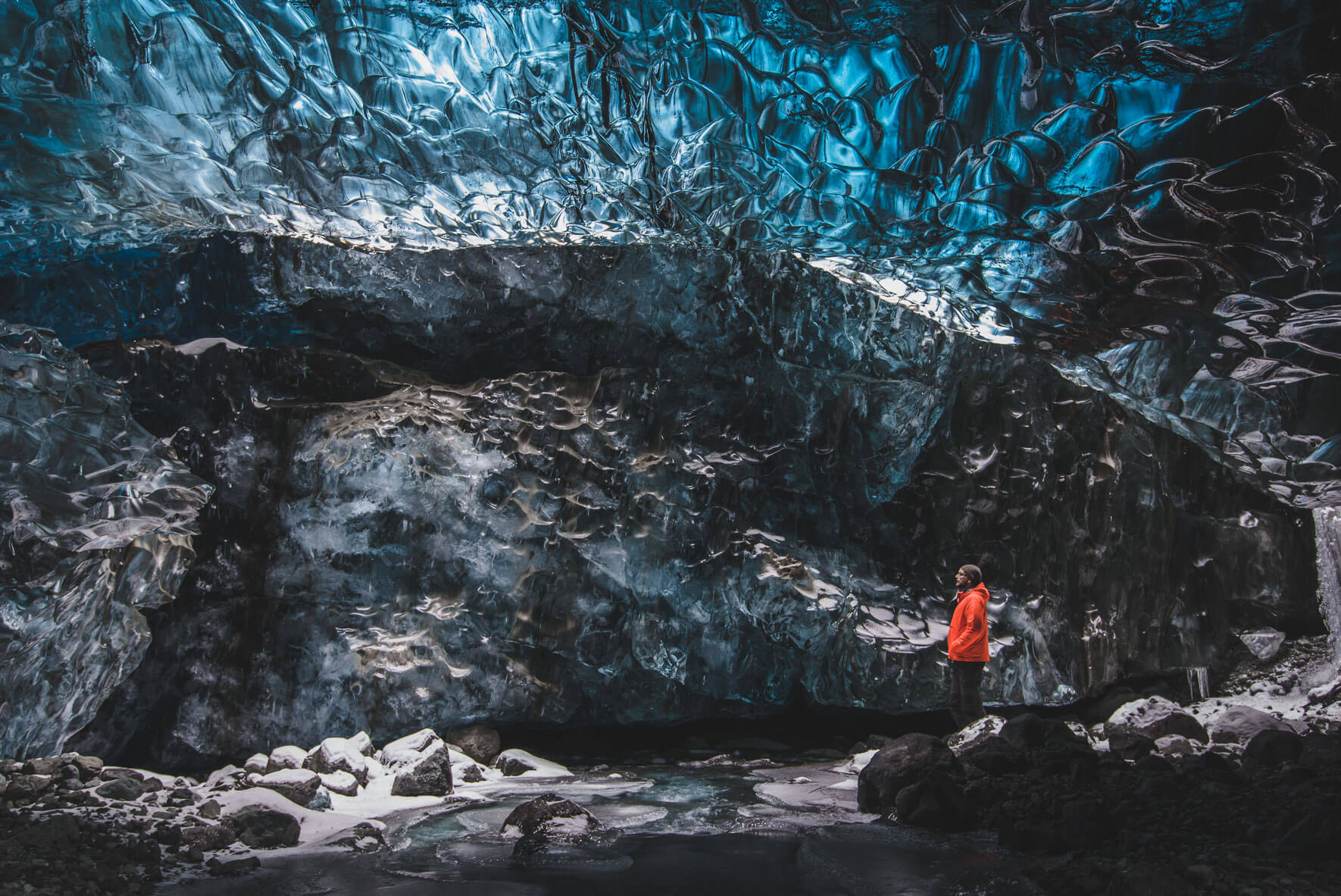Winter fashion shooting for AETHER Apparel in a glacier cave in Iceland