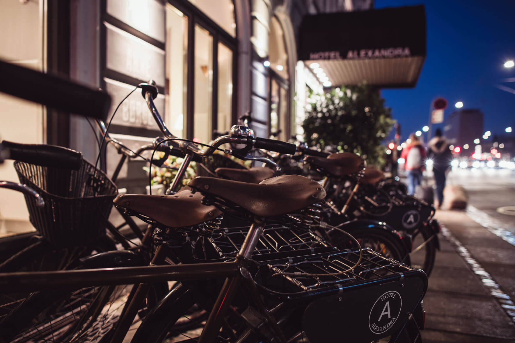 Bikes in front of Hotel Alexandra in Copenhagen, Denmark at night
