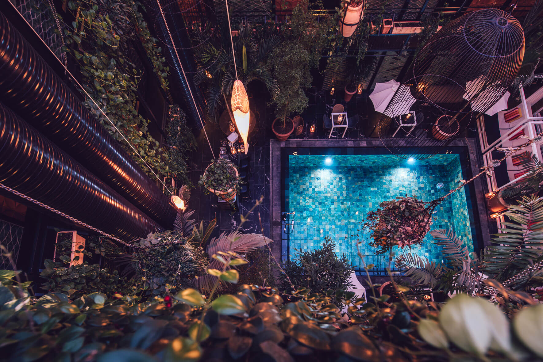 View of Manon Les Suites hotel from top floor with pool and plants