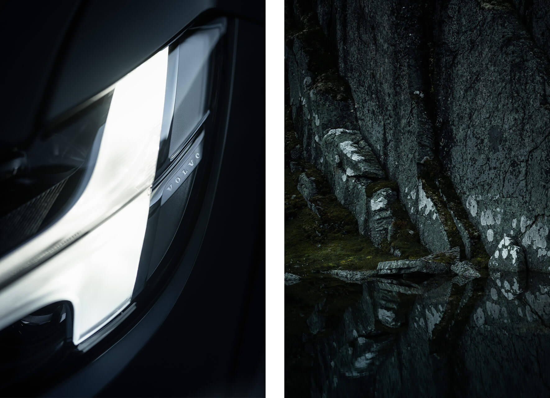 LED lights of Volvo V90 Cross Country and dark rocks with lake
