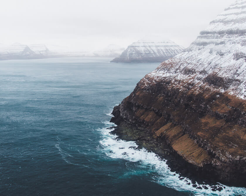 Aerial photography of the winter landscape in the Faroe Islands