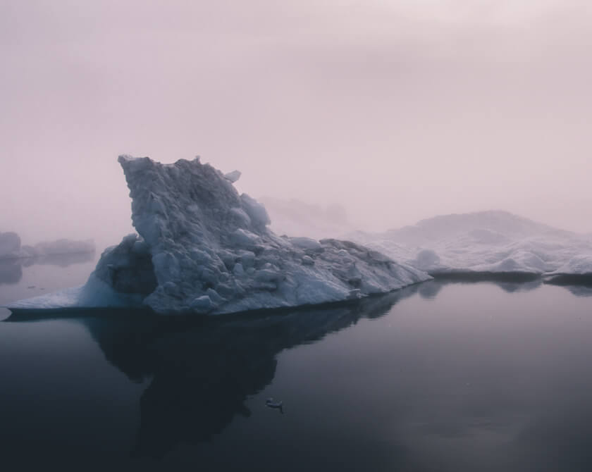 Moody icebergs in fog on the west coast of Greenland